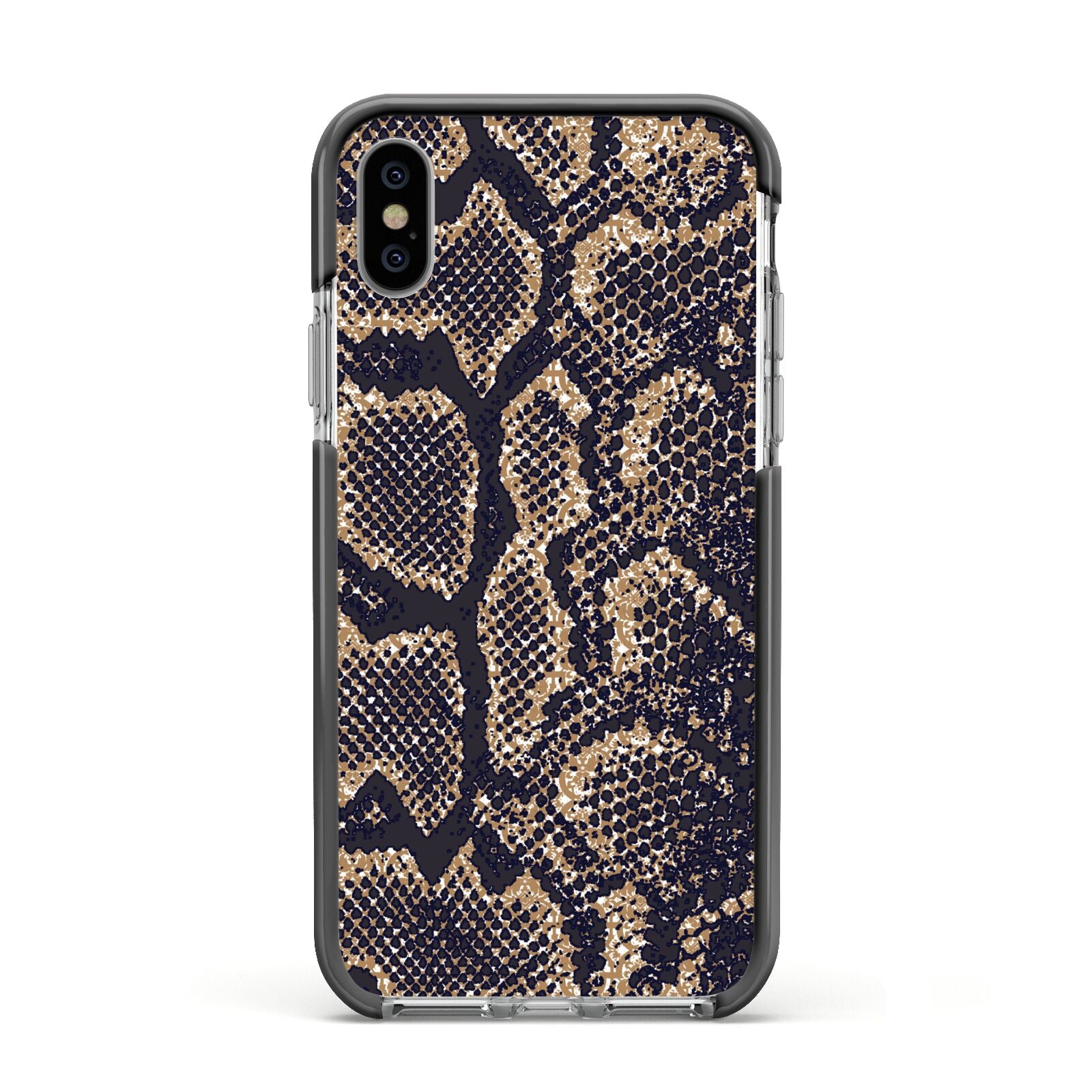 Brown Snakeskin Apple iPhone Xs Impact Case Black Edge on Silver Phone