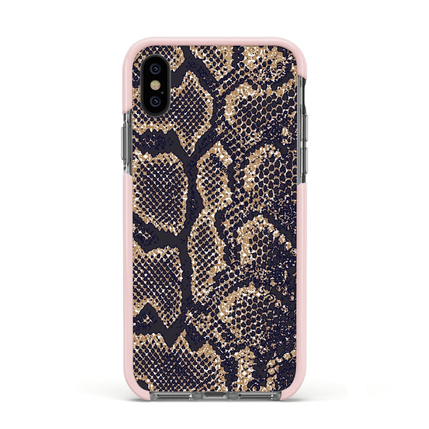 Brown Snakeskin Apple iPhone Xs Impact Case Pink Edge on Black Phone