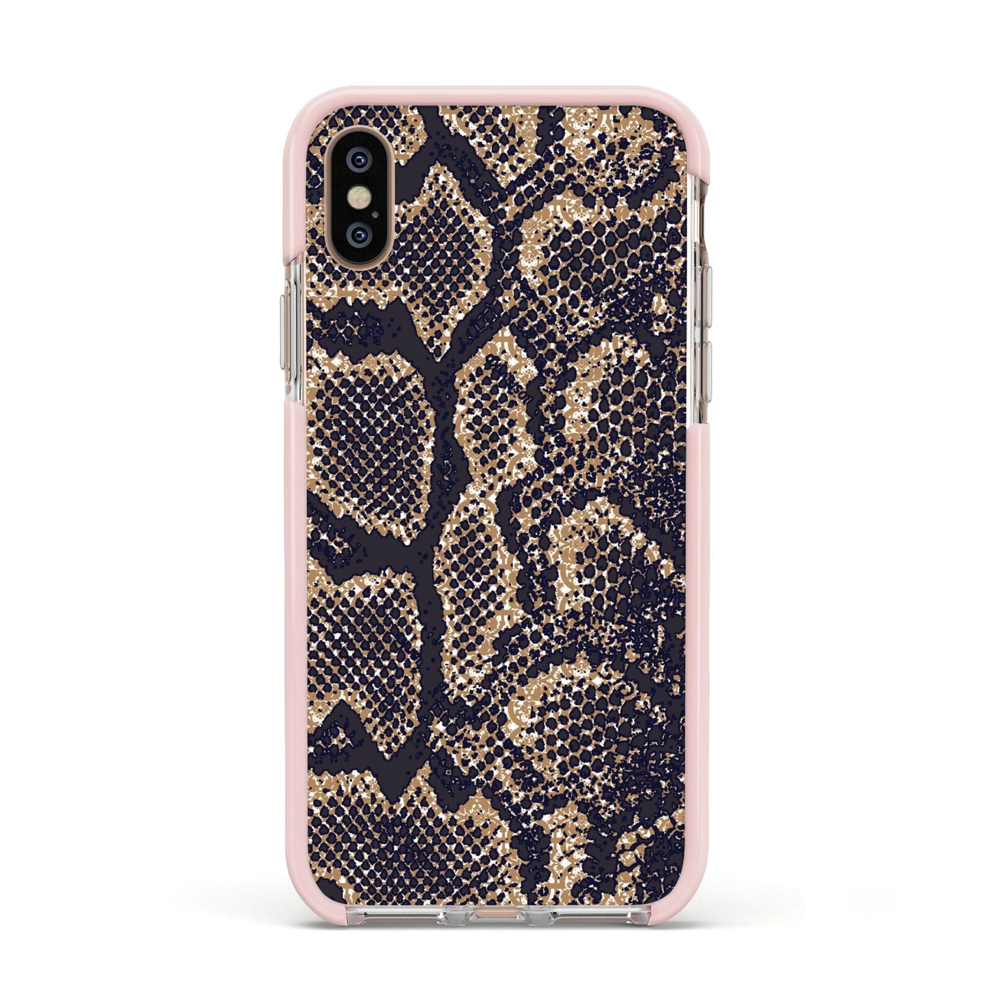 Brown Snakeskin Apple iPhone Xs Impact Case Pink Edge on Gold Phone