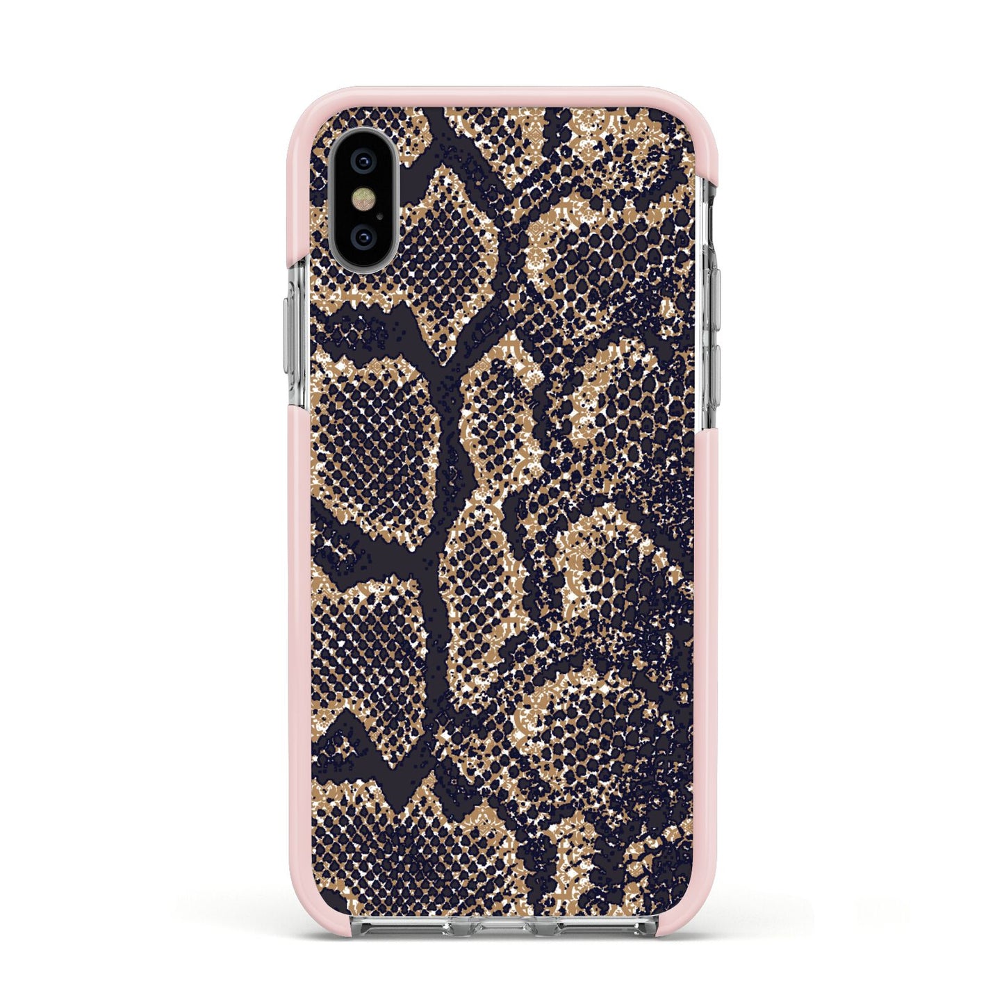 Brown Snakeskin Apple iPhone Xs Impact Case Pink Edge on Silver Phone