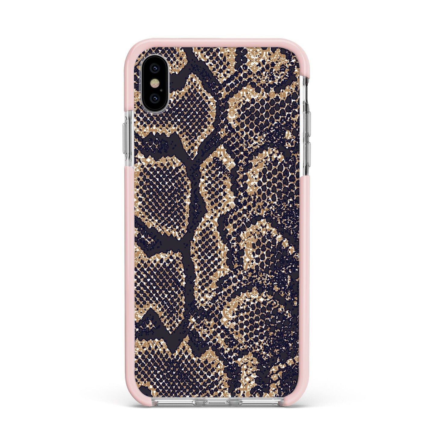 Brown Snakeskin Apple iPhone Xs Max Impact Case Pink Edge on Silver Phone