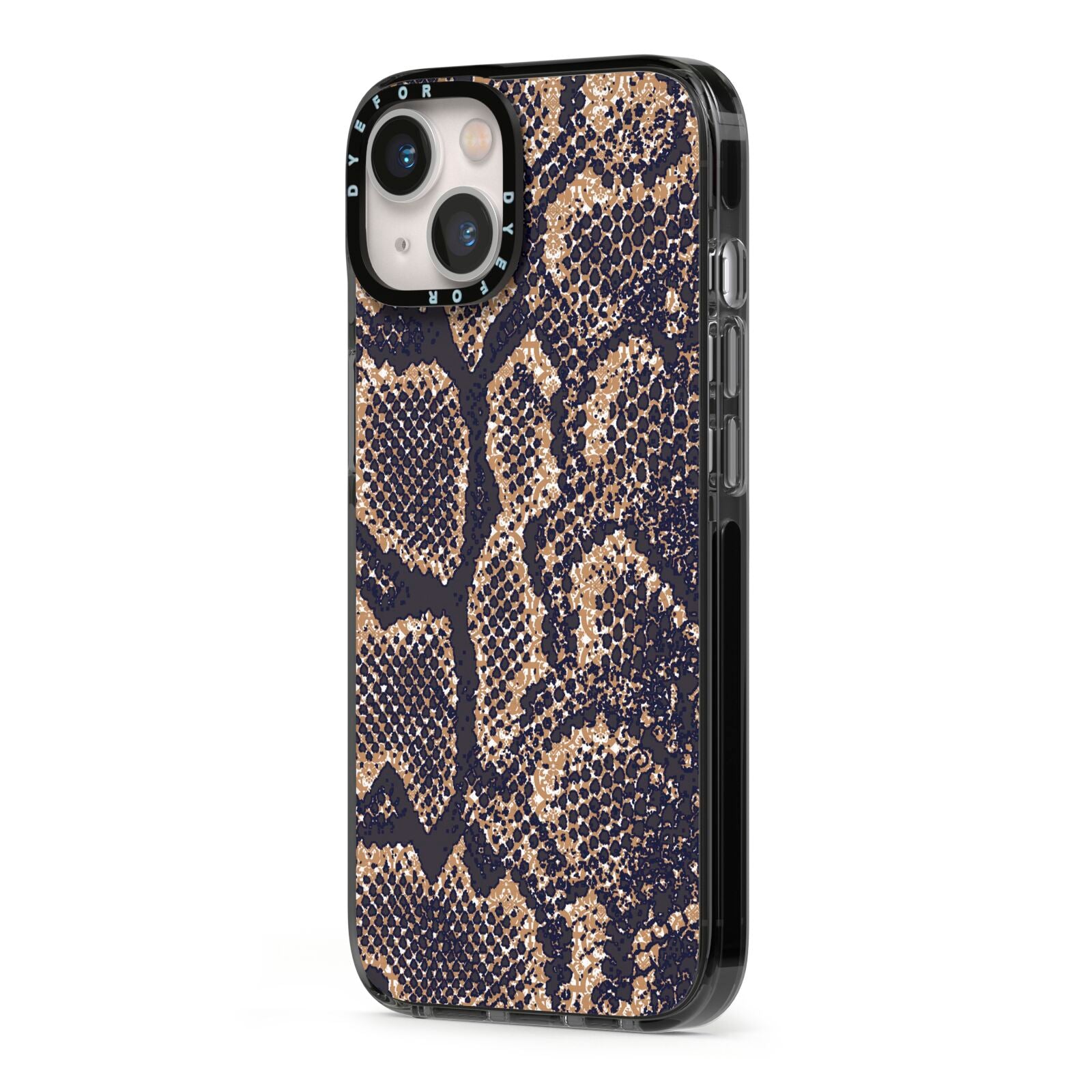 Brown Snakeskin iPhone 13 Black Impact Case Side Angle on Silver phone