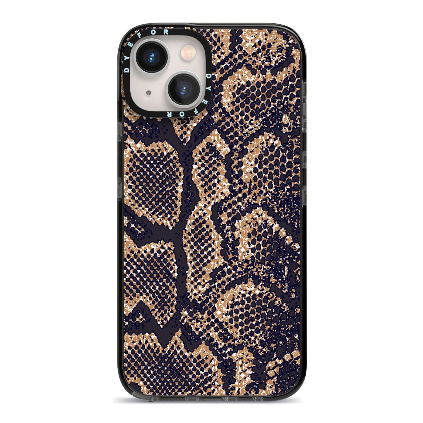 Brown Snakeskin iPhone 13 Black Impact Case on Silver phone