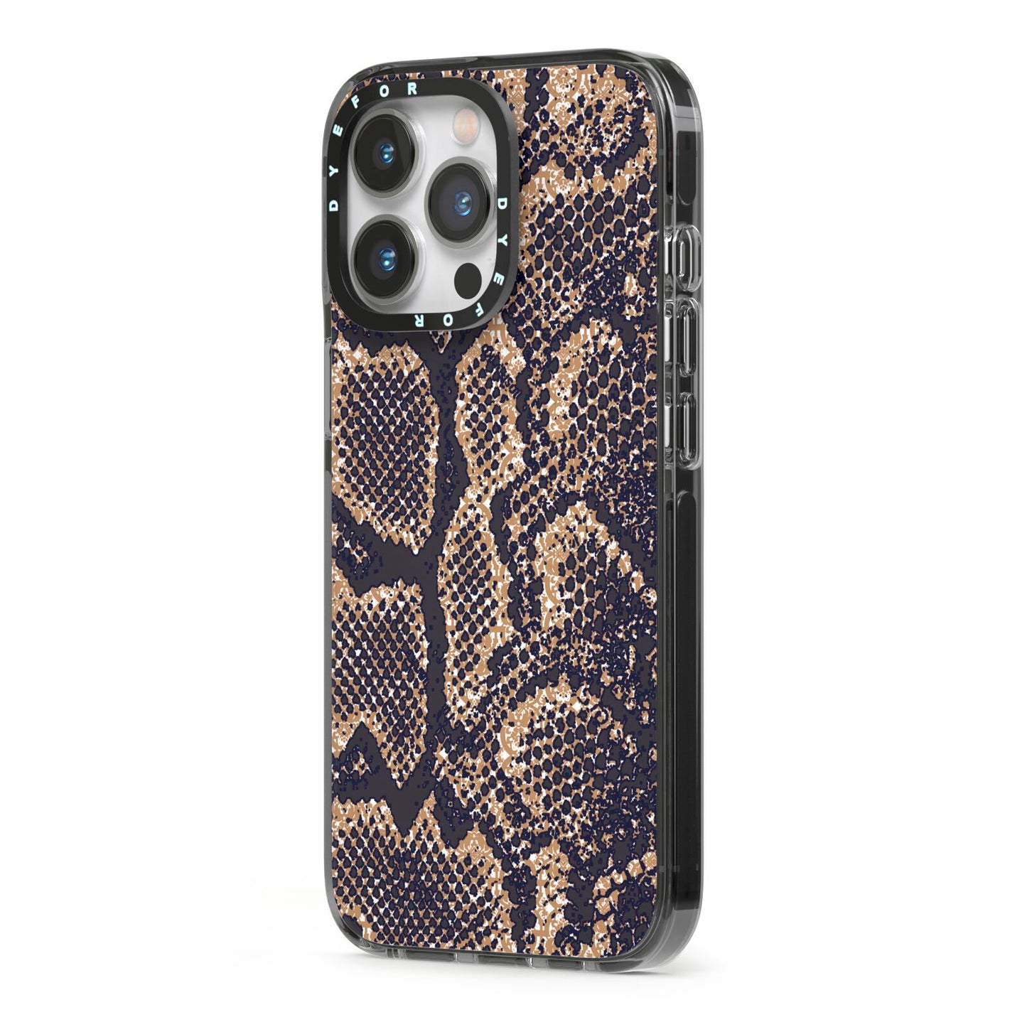 Brown Snakeskin iPhone 13 Pro Black Impact Case Side Angle on Silver phone