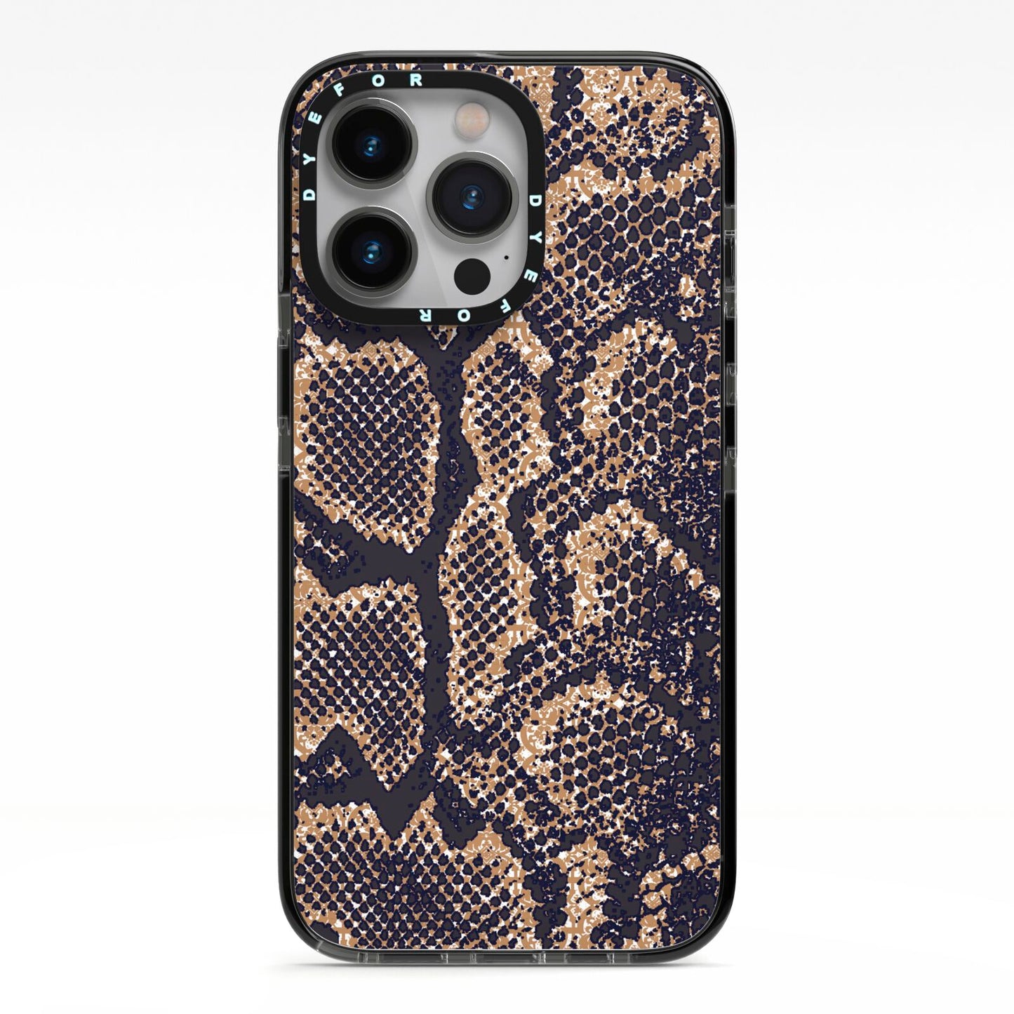 Brown Snakeskin iPhone 13 Pro Black Impact Case on Silver phone