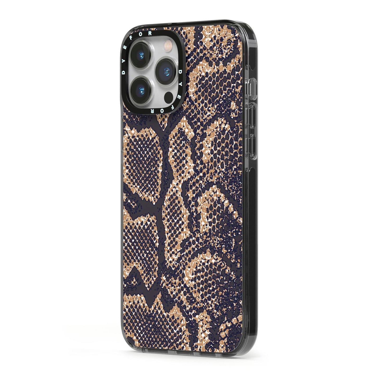 Brown Snakeskin iPhone 13 Pro Max Black Impact Case Side Angle on Silver phone