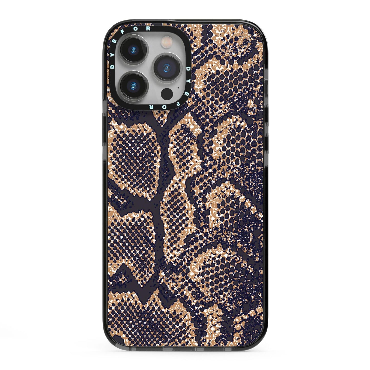 Brown Snakeskin iPhone 13 Pro Max Black Impact Case on Silver phone