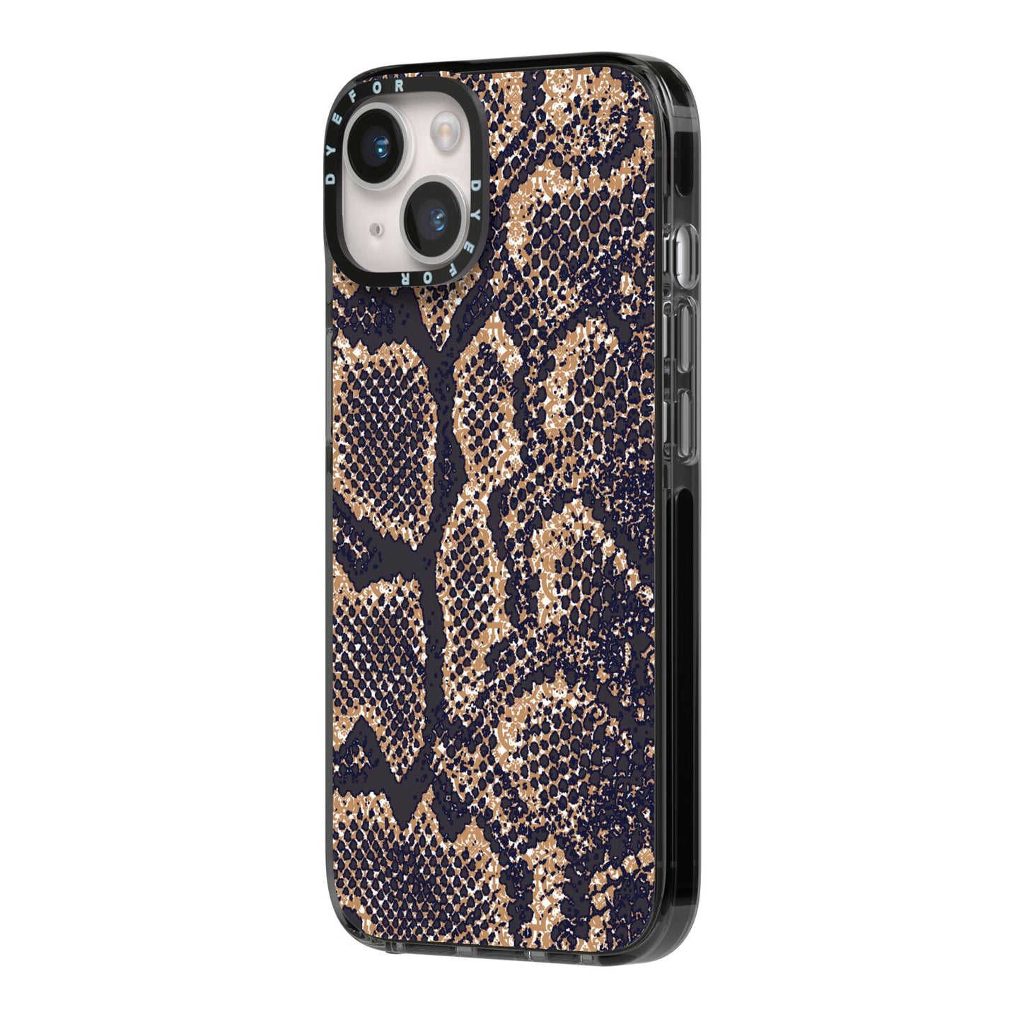 Brown Snakeskin iPhone 14 Black Impact Case Side Angle on Silver phone