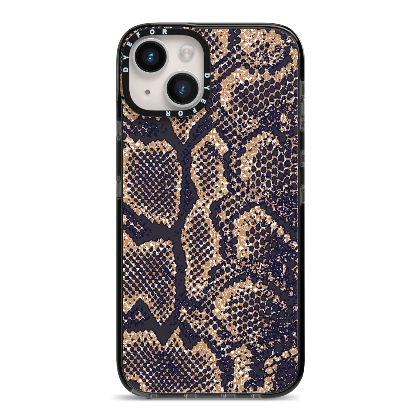 Brown Snakeskin iPhone 14 Black Impact Case on Silver phone