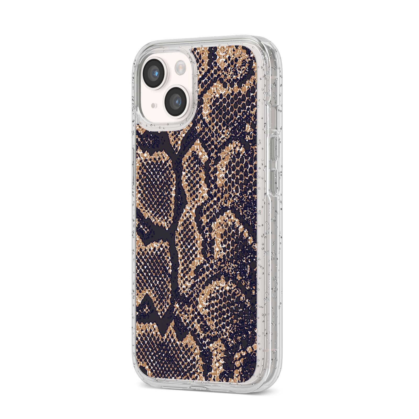 Brown Snakeskin iPhone 14 Glitter Tough Case Starlight Angled Image