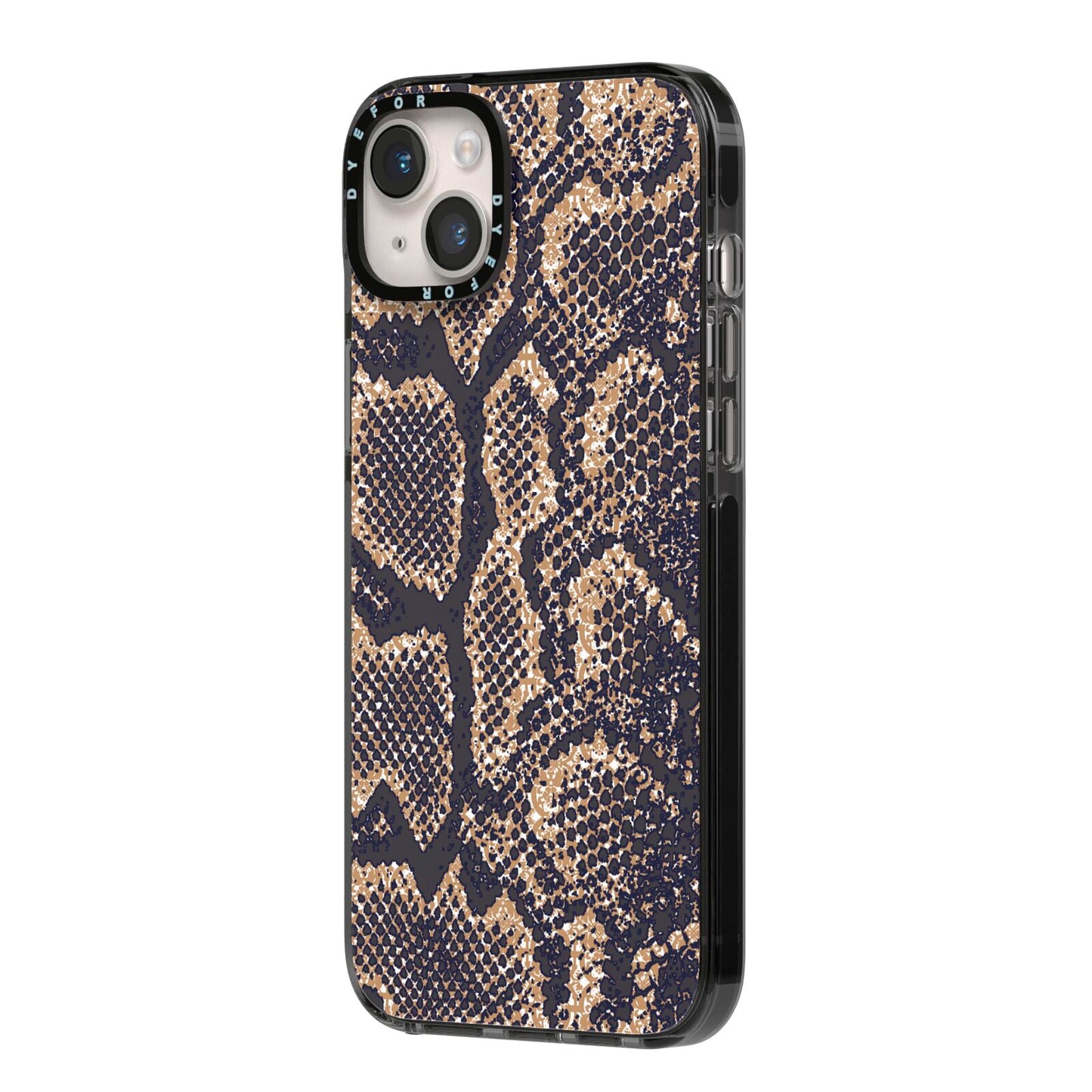 Brown Snakeskin iPhone 14 Plus Black Impact Case Side Angle on Silver phone