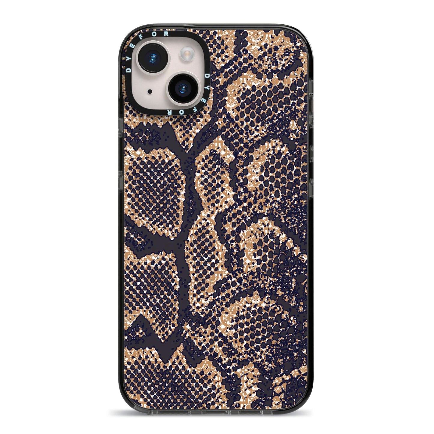 Brown Snakeskin iPhone 14 Plus Black Impact Case on Silver phone