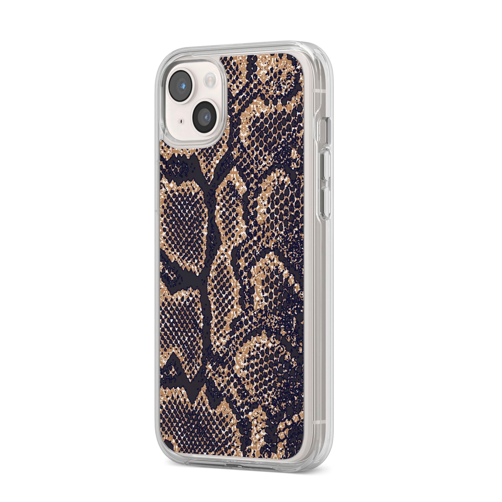 Brown Snakeskin iPhone 14 Plus Clear Tough Case Starlight Angled Image