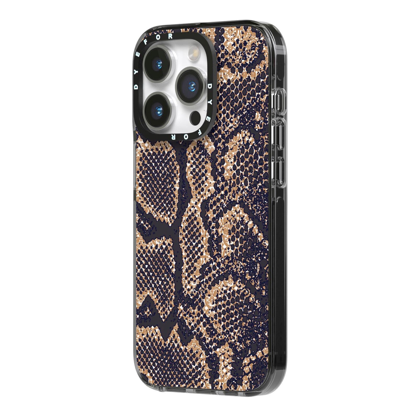 Brown Snakeskin iPhone 14 Pro Black Impact Case Side Angle on Silver phone