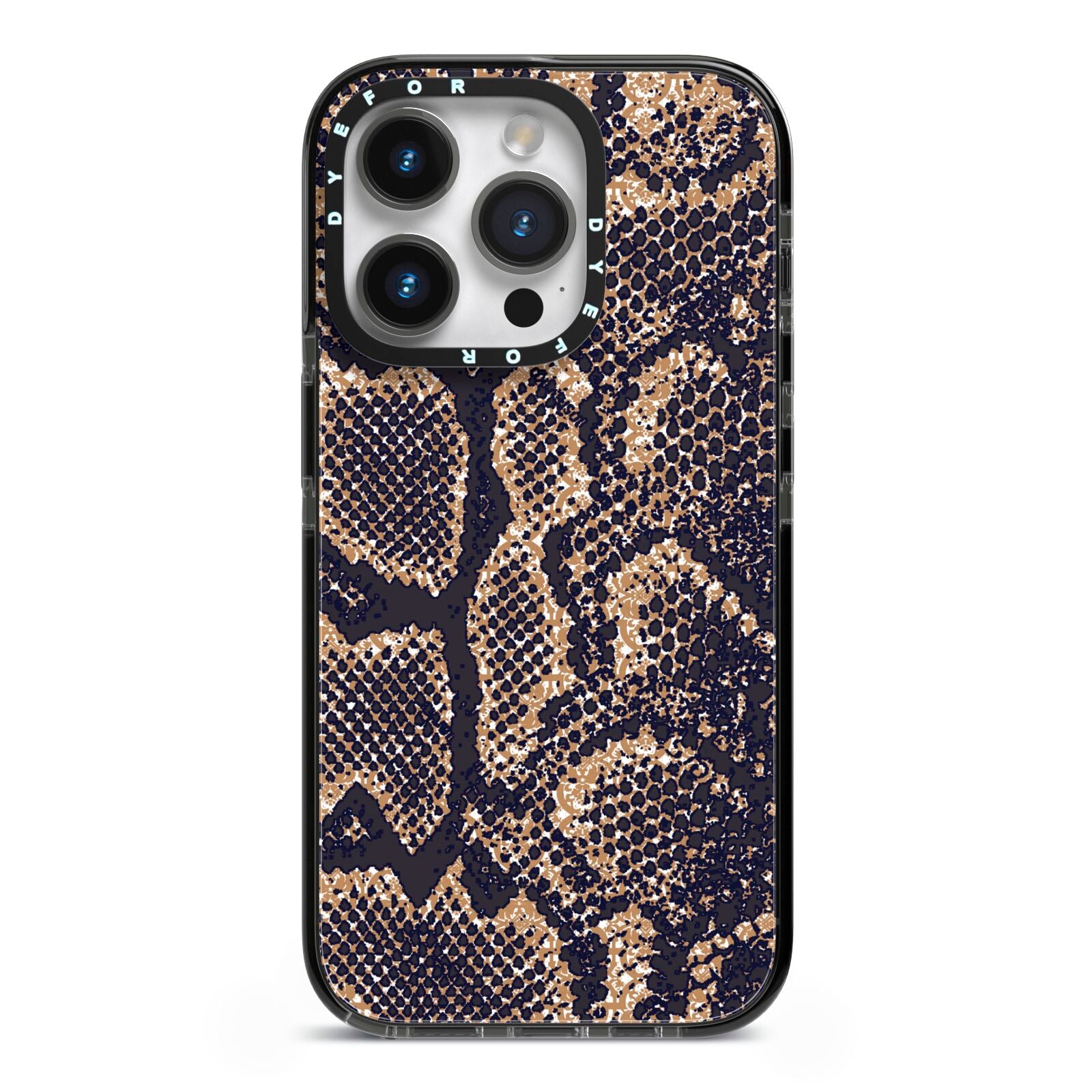 Brown Snakeskin iPhone 14 Pro Black Impact Case on Silver phone