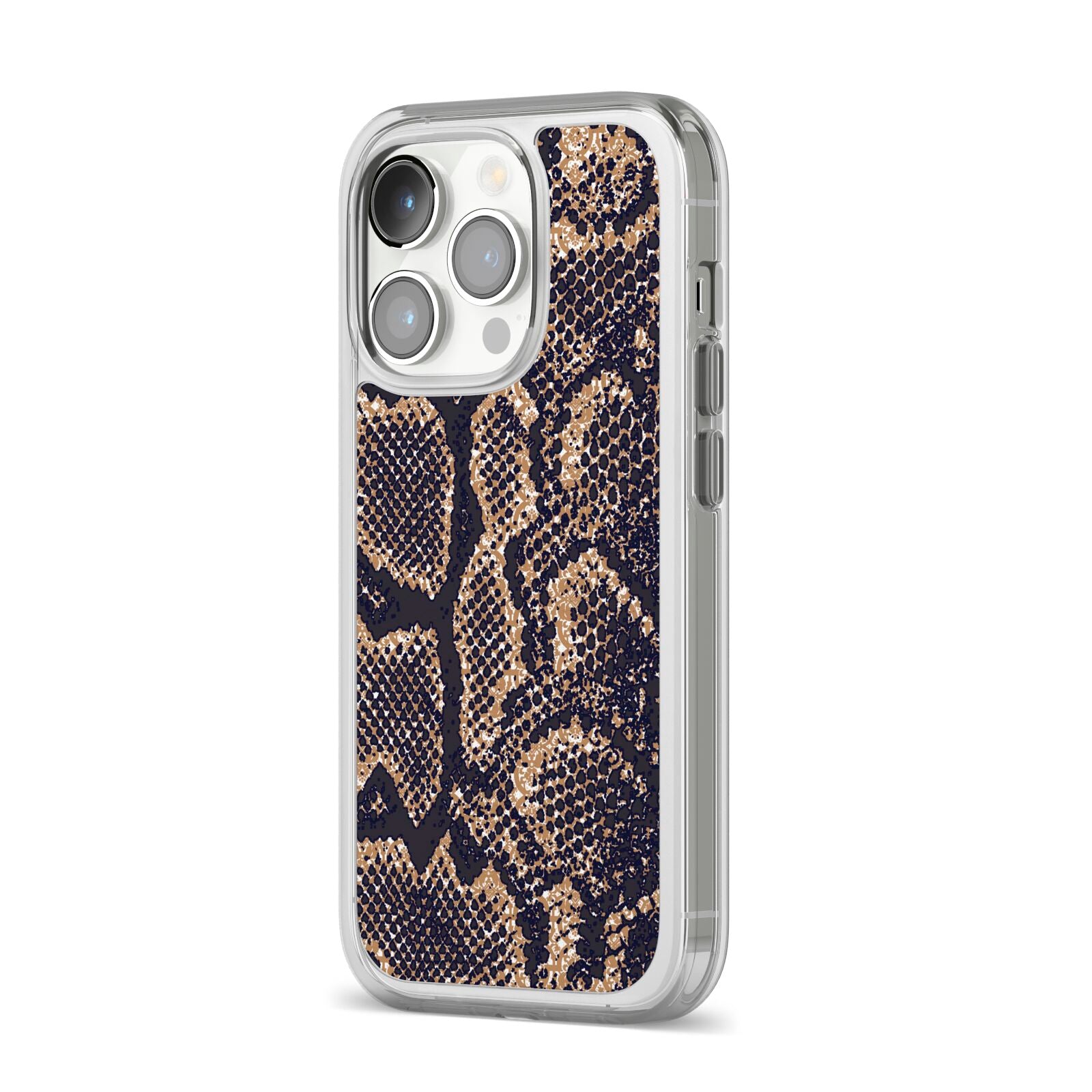 Brown Snakeskin iPhone 14 Pro Clear Tough Case Silver Angled Image