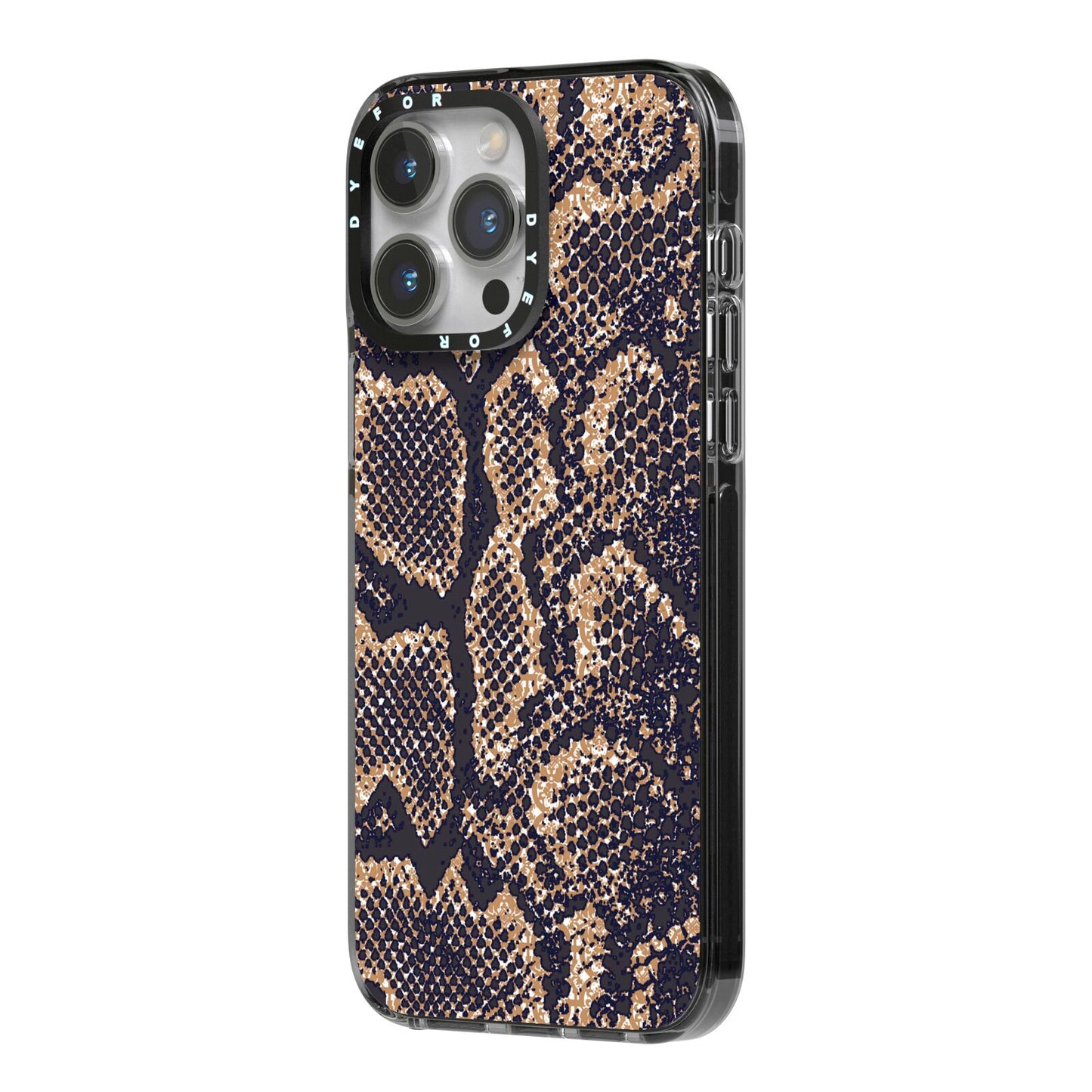 Brown Snakeskin iPhone 14 Pro Max Black Impact Case Side Angle on Silver phone