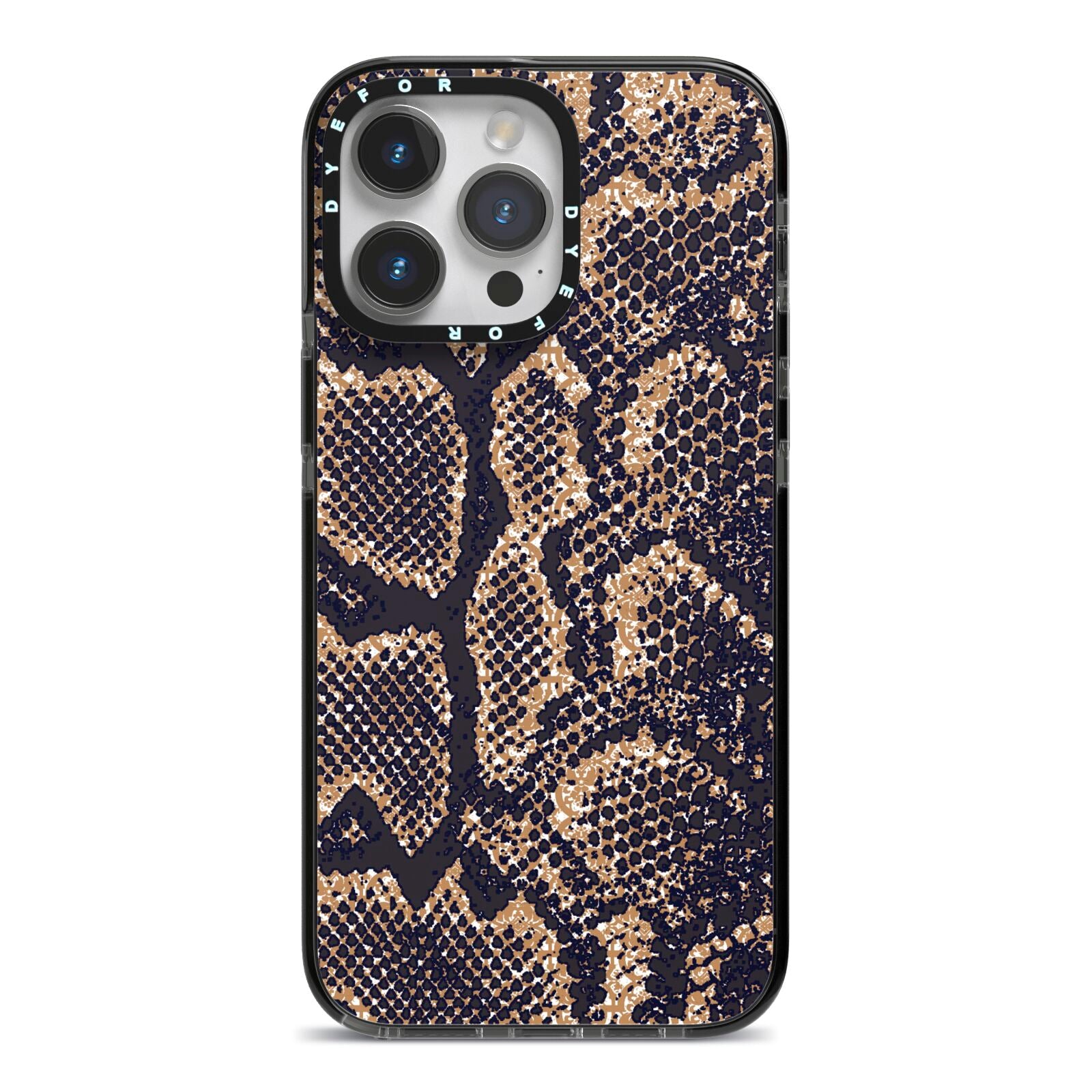 Brown Snakeskin iPhone 14 Pro Max Black Impact Case on Silver phone