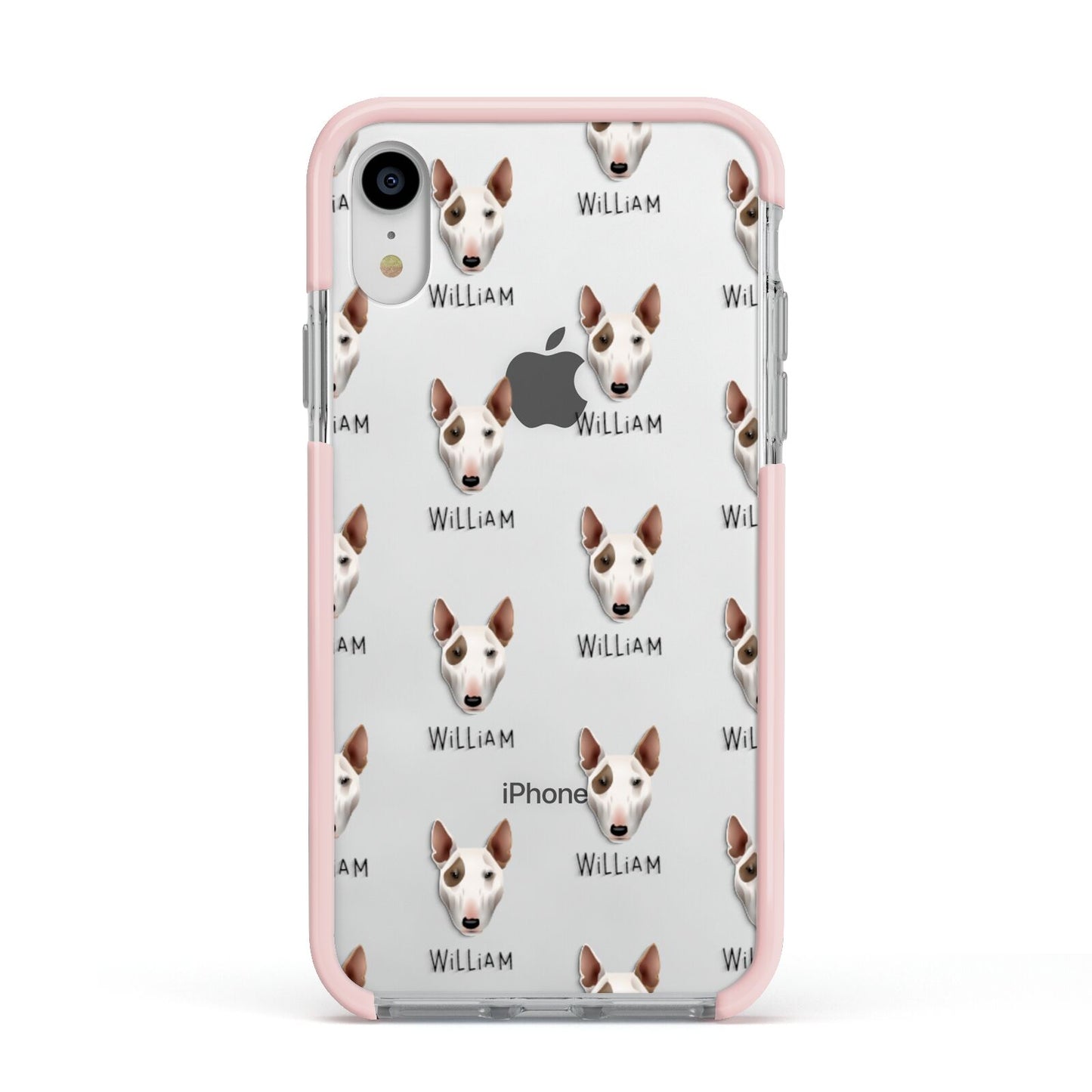 Bull Terrier Icon with Name Apple iPhone XR Impact Case Pink Edge on Silver Phone