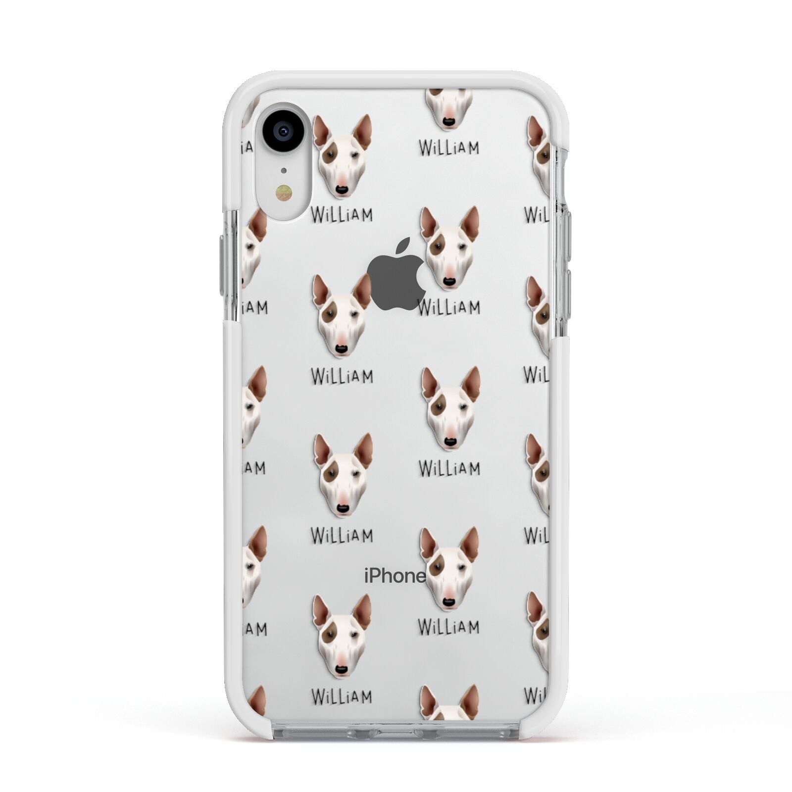 Bull Terrier Icon with Name Apple iPhone XR Impact Case White Edge on Silver Phone