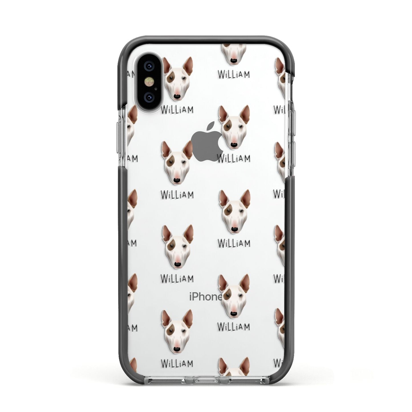 Bull Terrier Icon with Name Apple iPhone Xs Impact Case Black Edge on Silver Phone