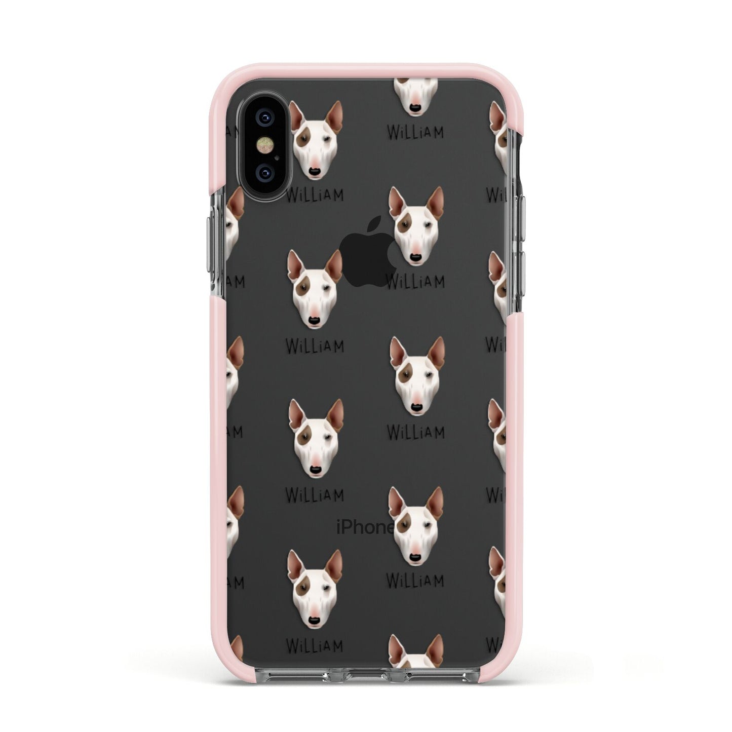 Bull Terrier Icon with Name Apple iPhone Xs Impact Case Pink Edge on Black Phone