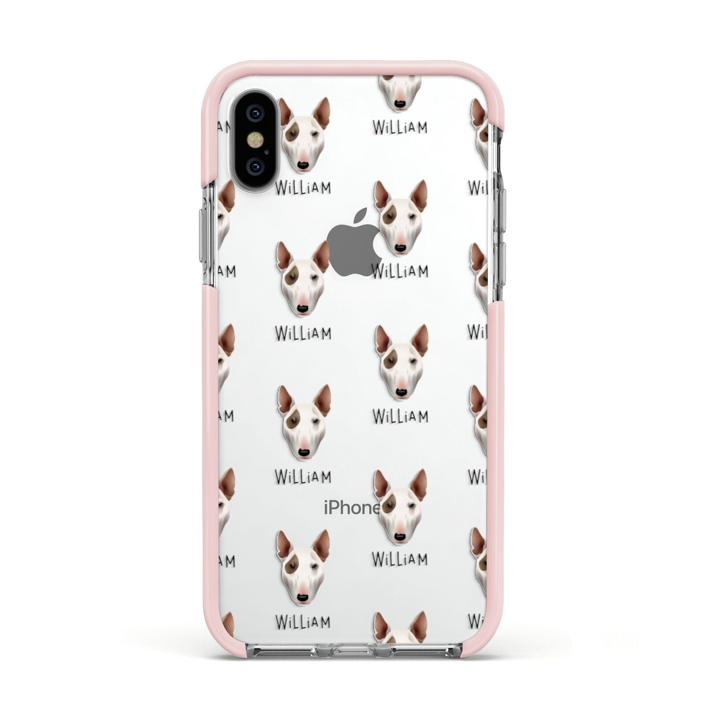 Bull Terrier Icon with Name Apple iPhone Xs Impact Case Pink Edge on Silver Phone