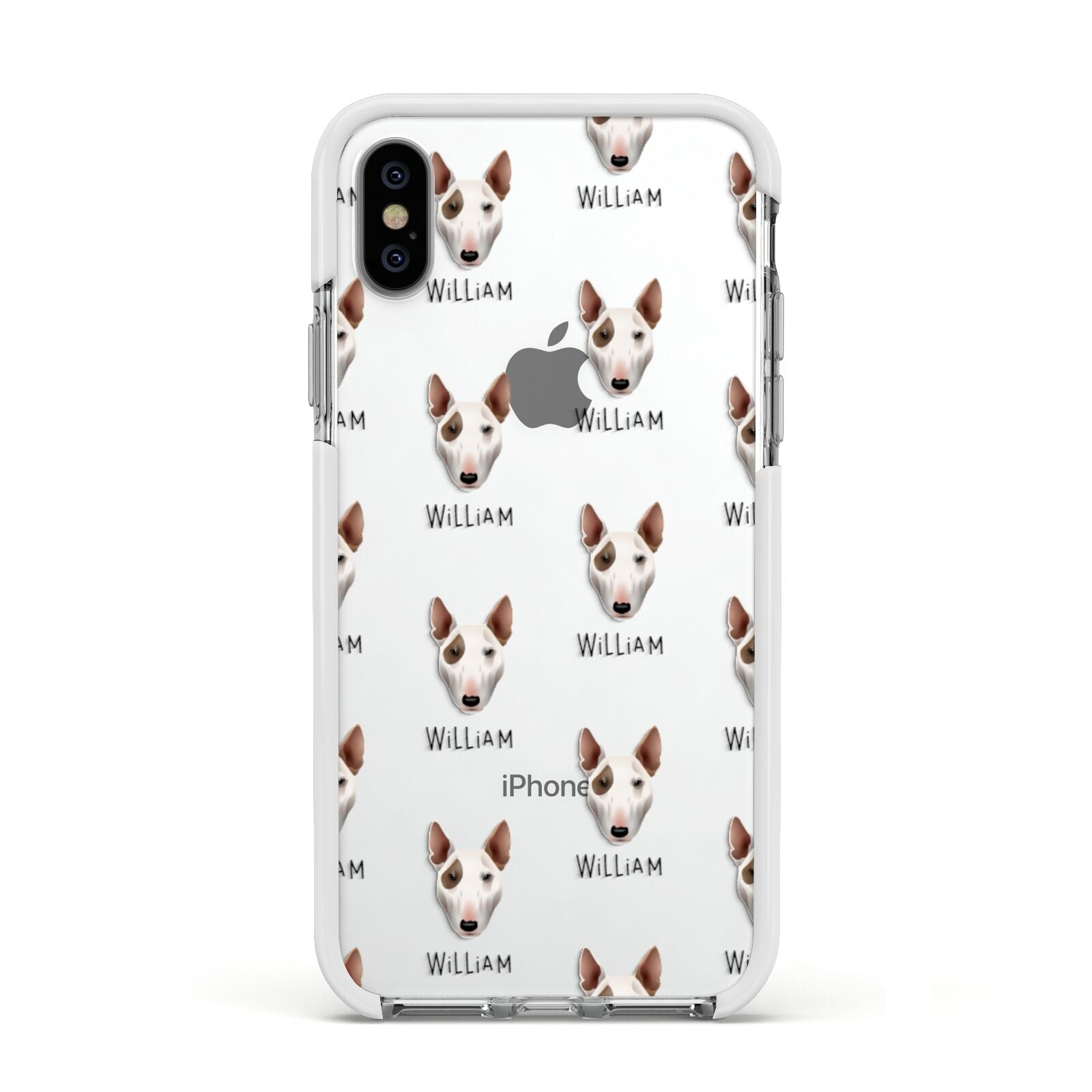 Bull Terrier Icon with Name Apple iPhone Xs Impact Case White Edge on Silver Phone