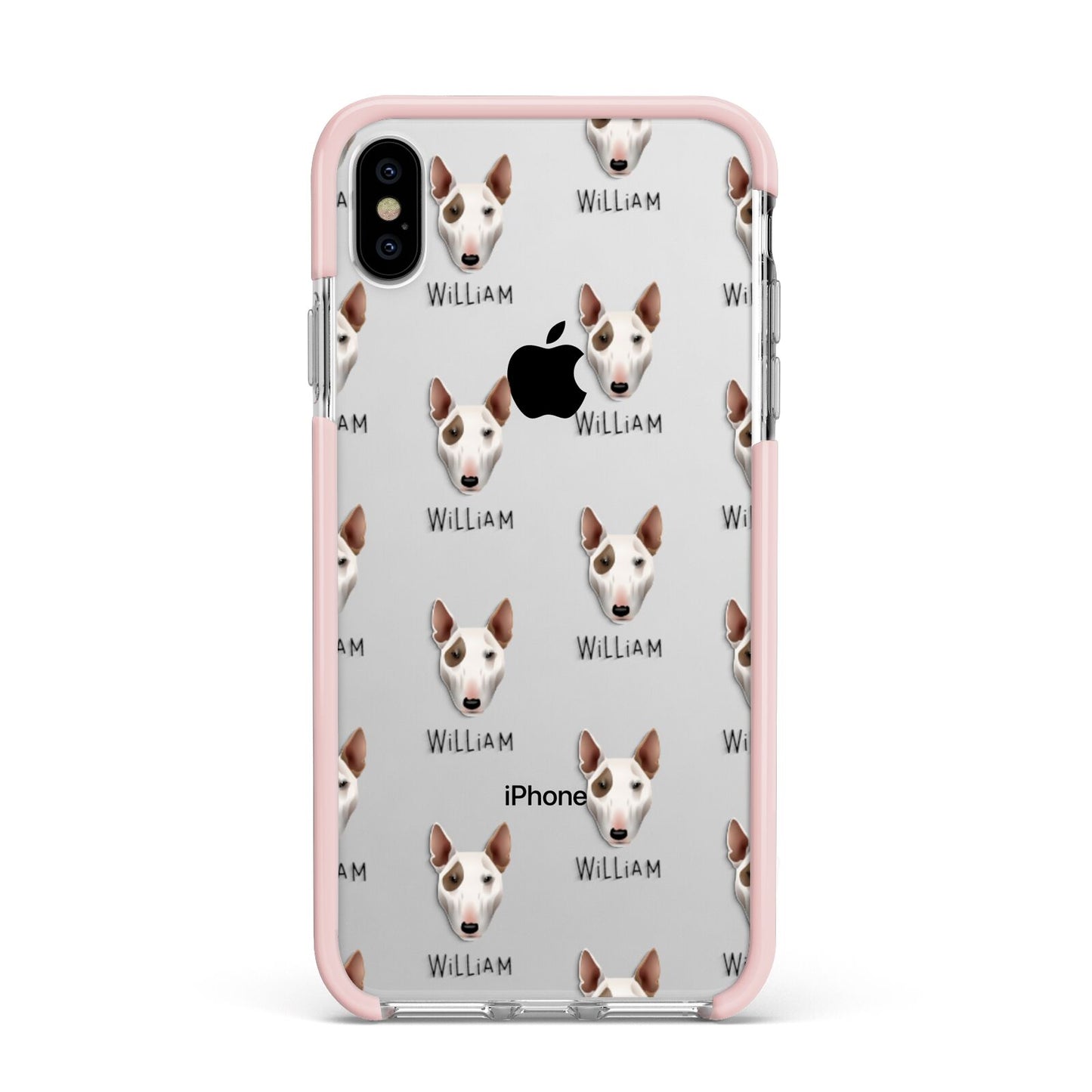 Bull Terrier Icon with Name Apple iPhone Xs Max Impact Case Pink Edge on Silver Phone