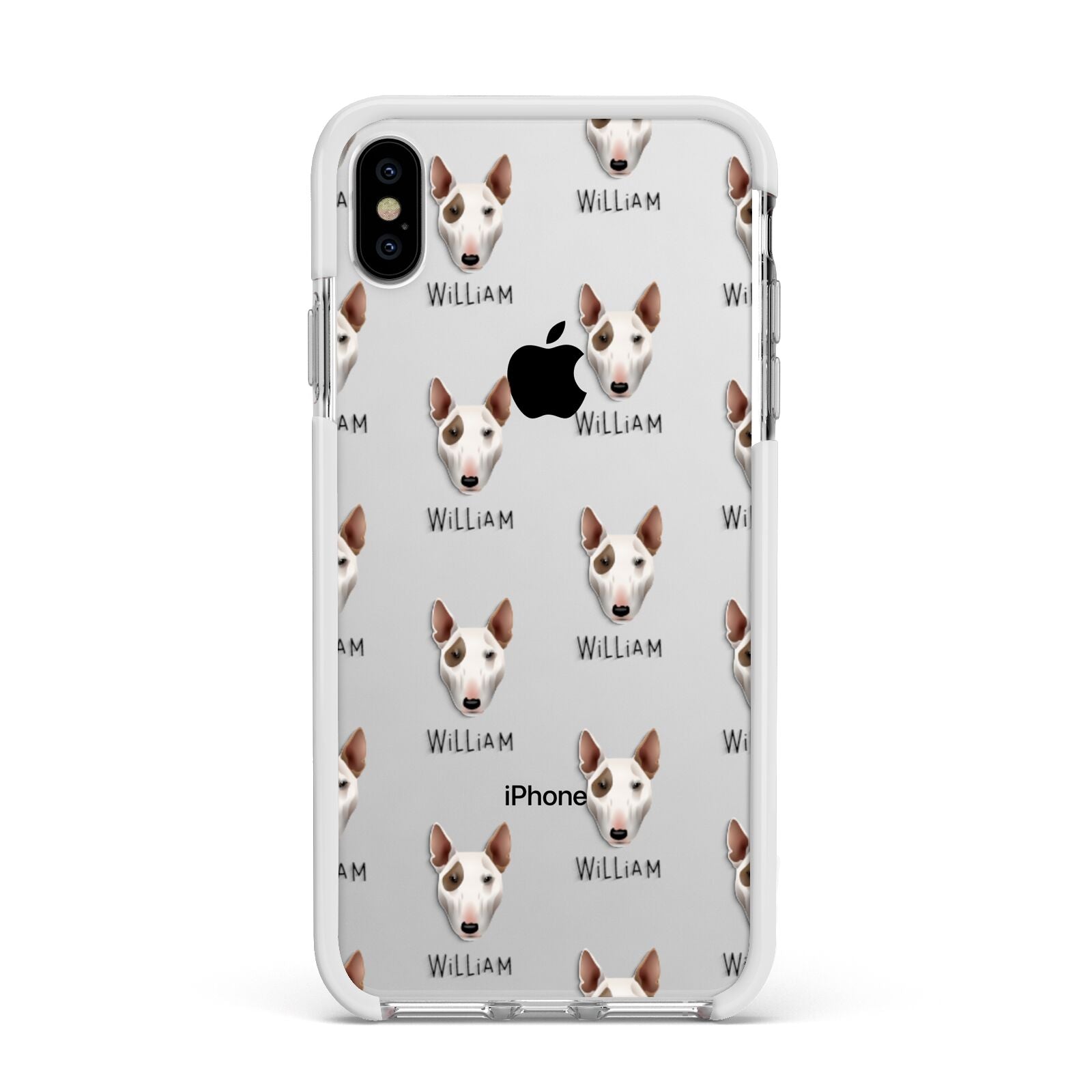 Bull Terrier Icon with Name Apple iPhone Xs Max Impact Case White Edge on Silver Phone