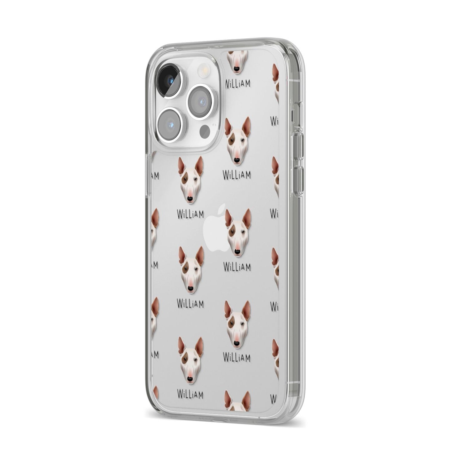 Bull Terrier Icon with Name iPhone 14 Pro Max Clear Tough Case Silver Angled Image