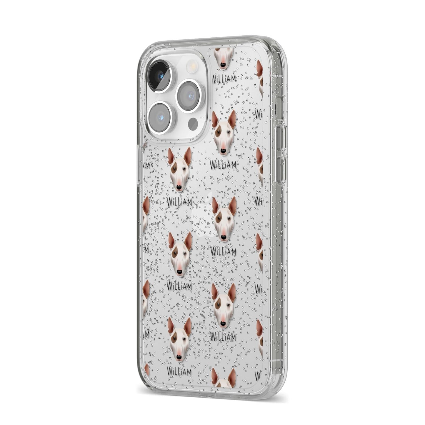 Bull Terrier Icon with Name iPhone 14 Pro Max Glitter Tough Case Silver Angled Image