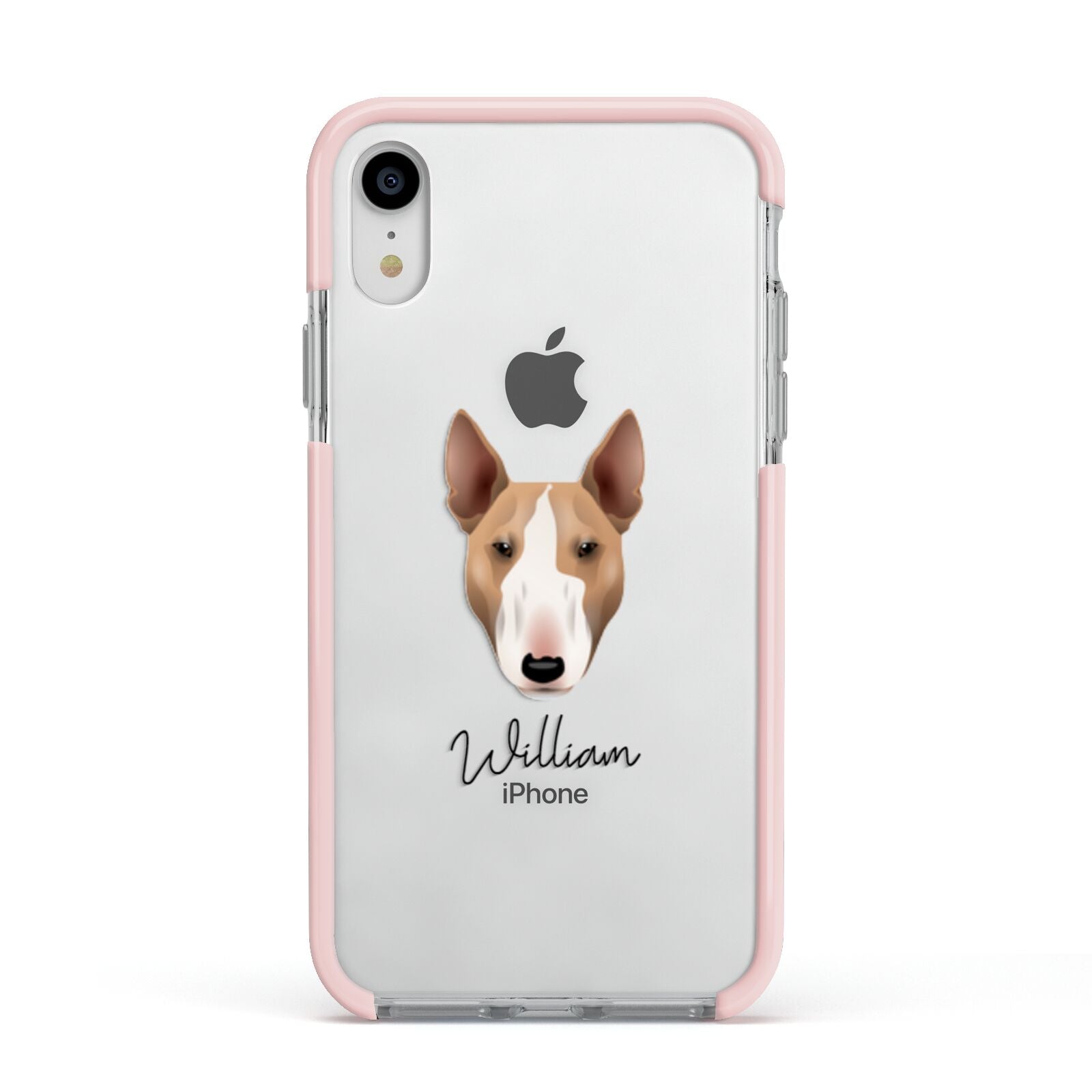 Bull Terrier Personalised Apple iPhone XR Impact Case Pink Edge on Silver Phone