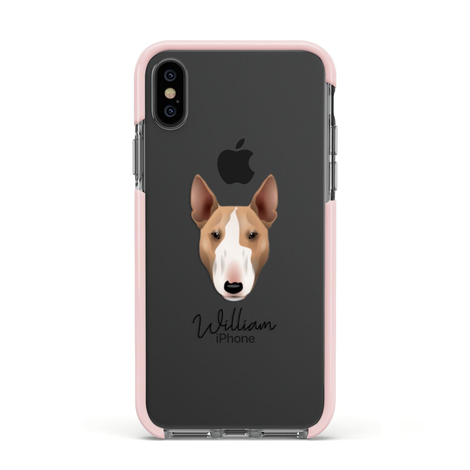 Bull Terrier Personalised Apple iPhone Xs Impact Case Pink Edge on Black Phone