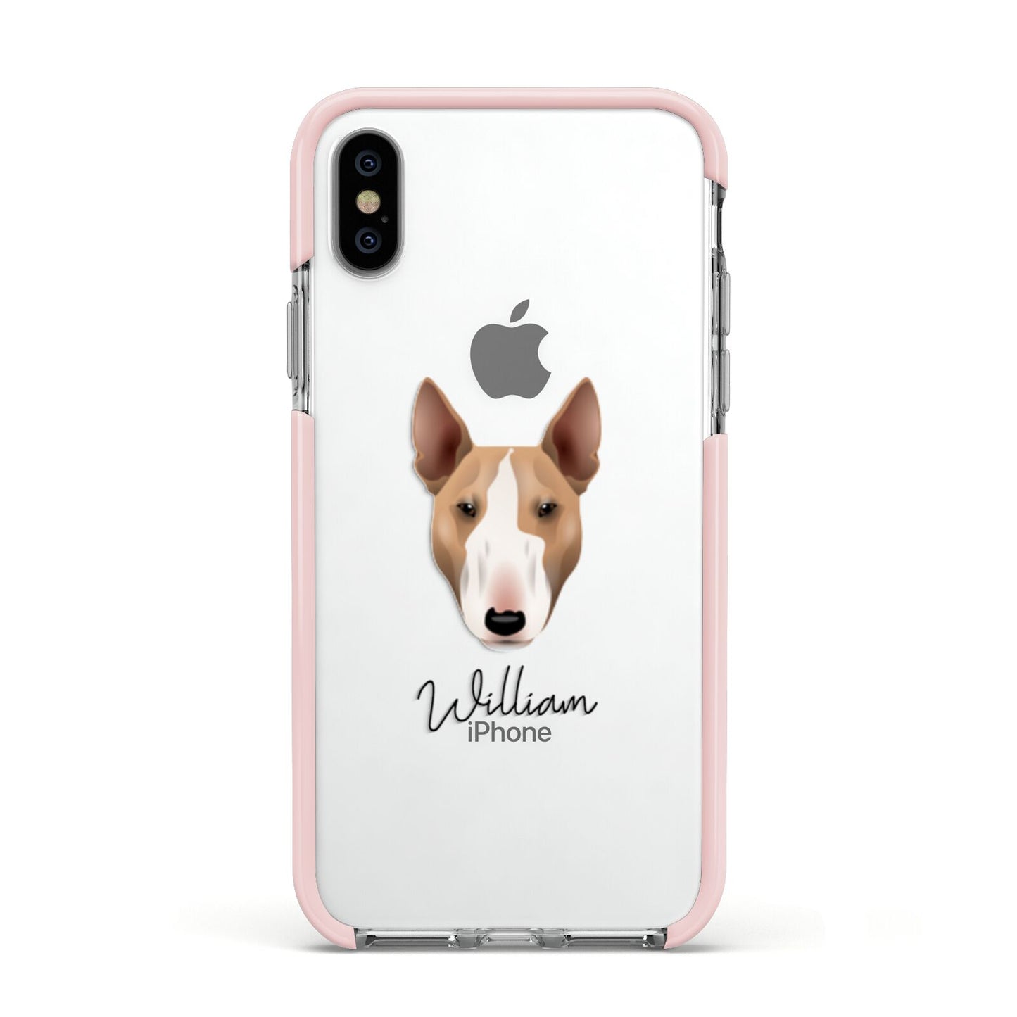 Bull Terrier Personalised Apple iPhone Xs Impact Case Pink Edge on Silver Phone