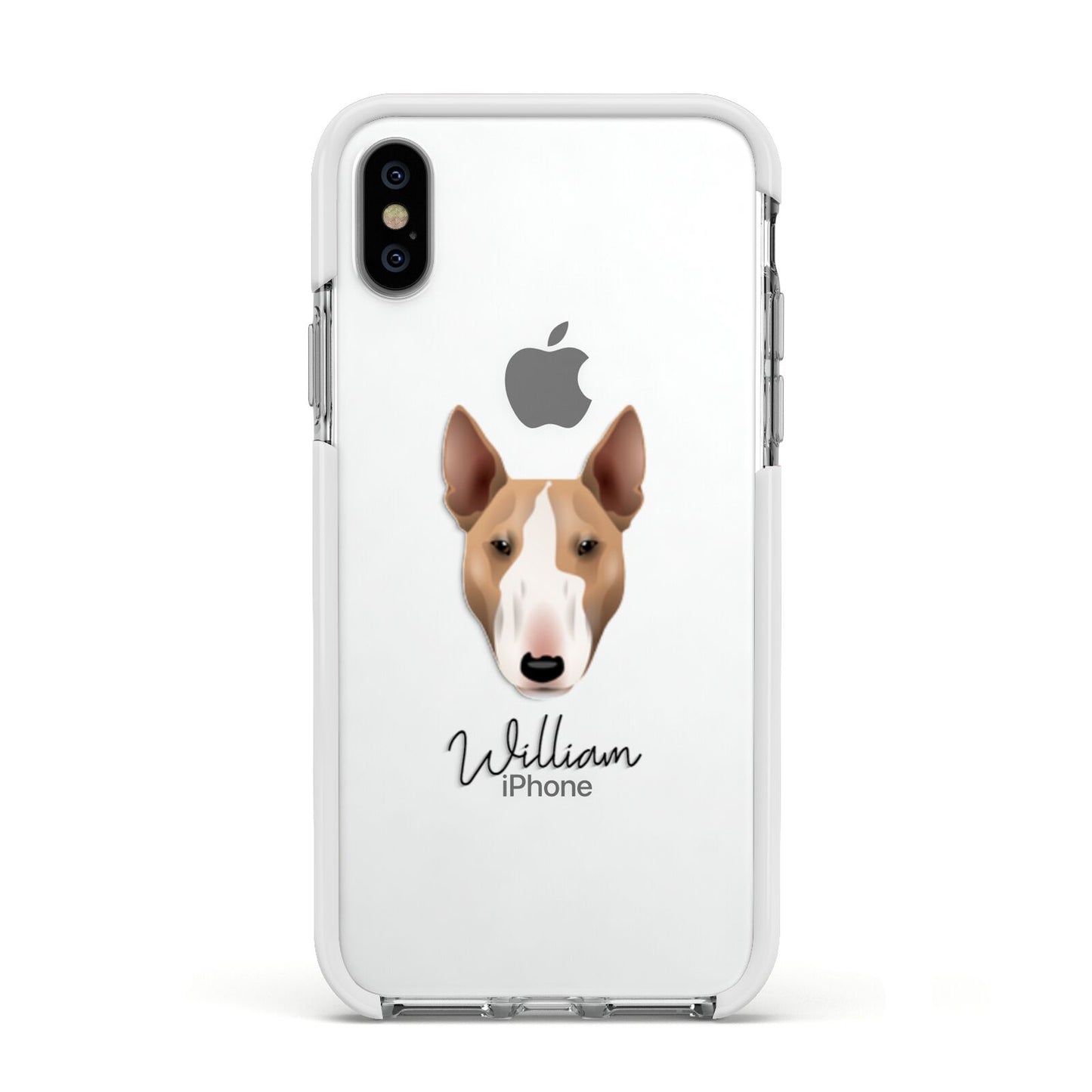 Bull Terrier Personalised Apple iPhone Xs Impact Case White Edge on Silver Phone