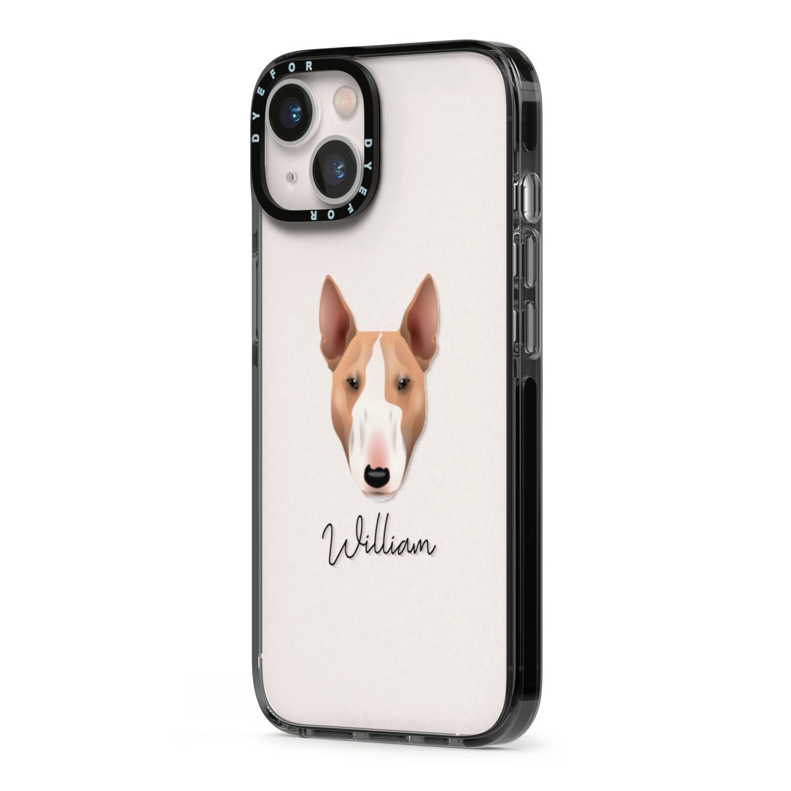 Bull Terrier Personalised iPhone 13 Black Impact Case Side Angle on Silver phone