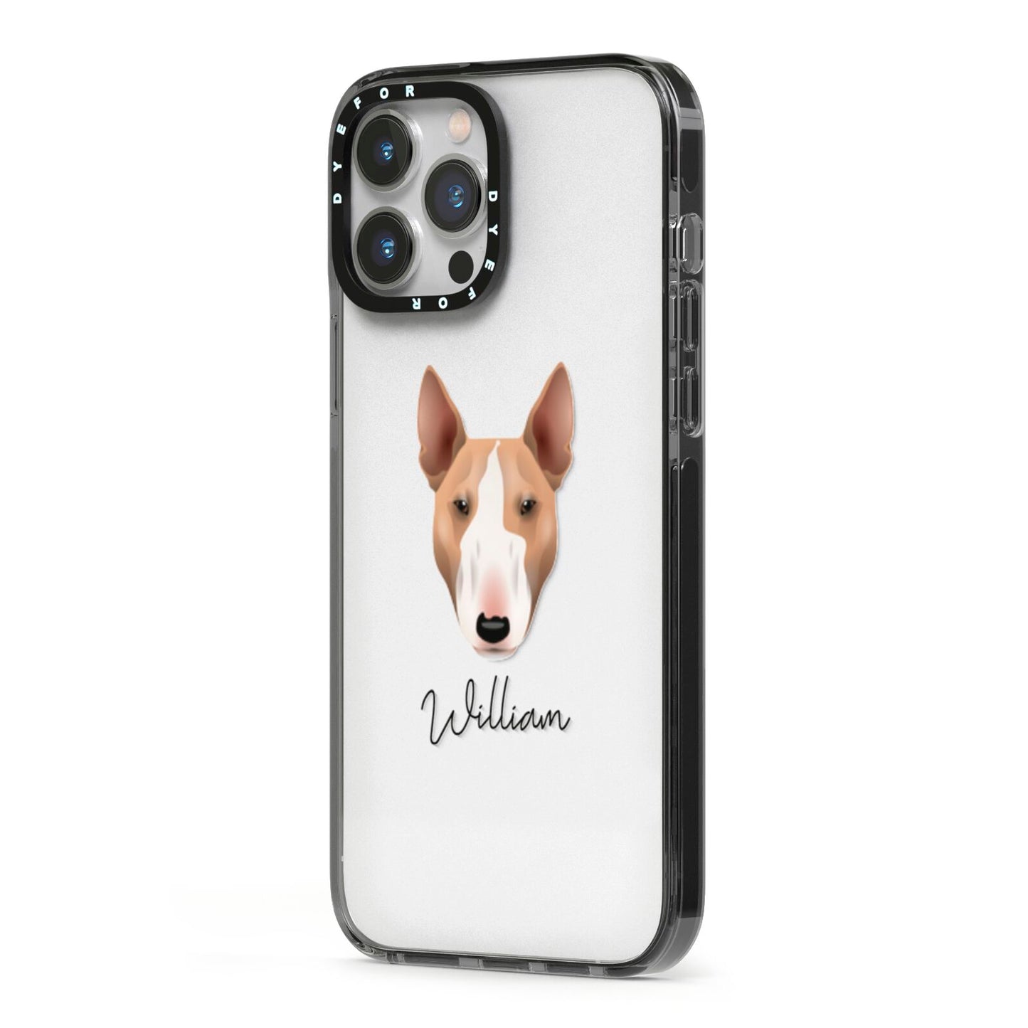 Bull Terrier Personalised iPhone 13 Pro Max Black Impact Case Side Angle on Silver phone