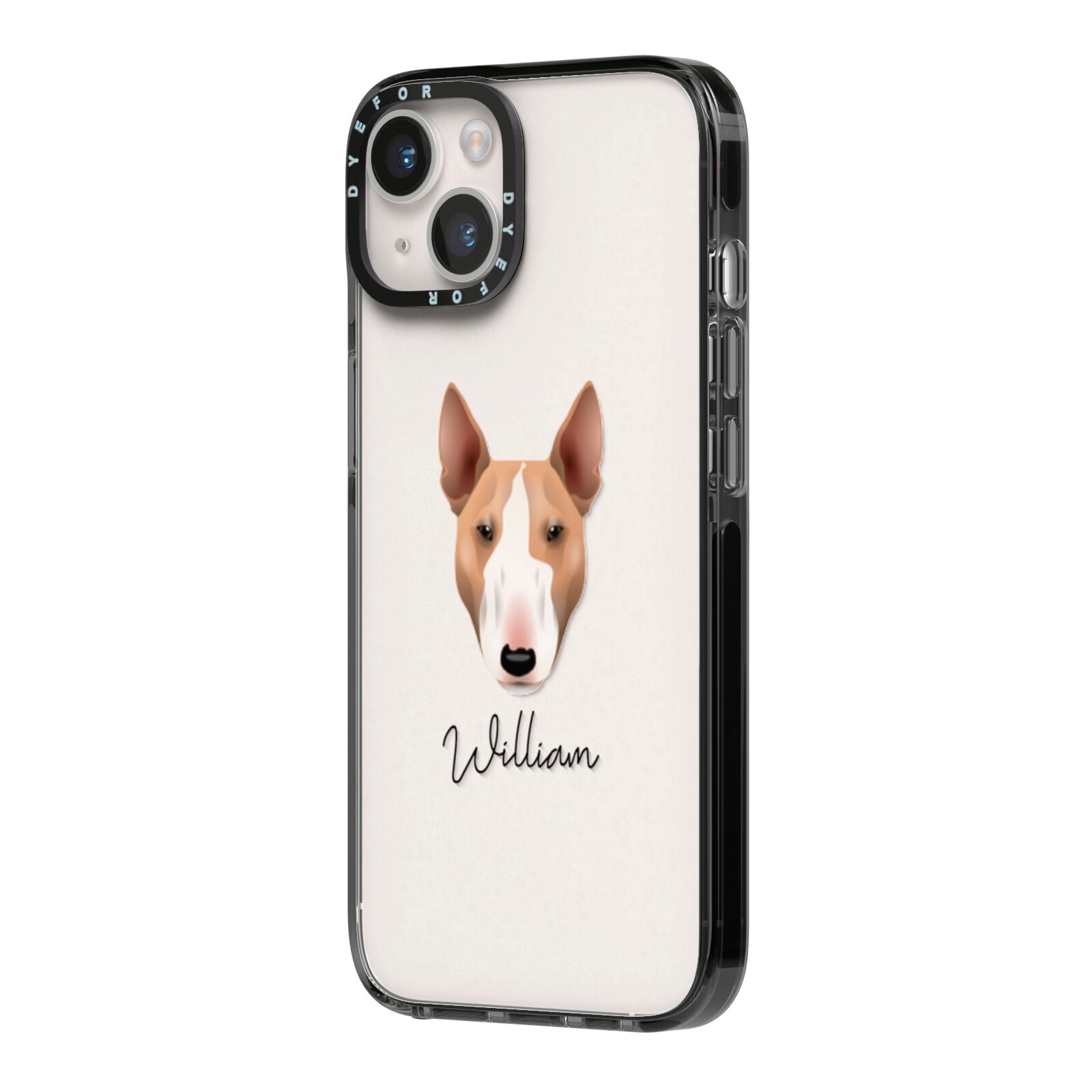 Bull Terrier Personalised iPhone 14 Black Impact Case Side Angle on Silver phone