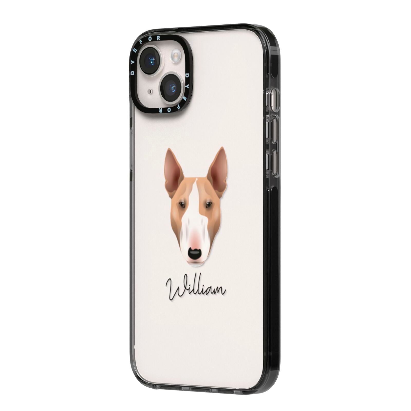 Bull Terrier Personalised iPhone 14 Plus Black Impact Case Side Angle on Silver phone