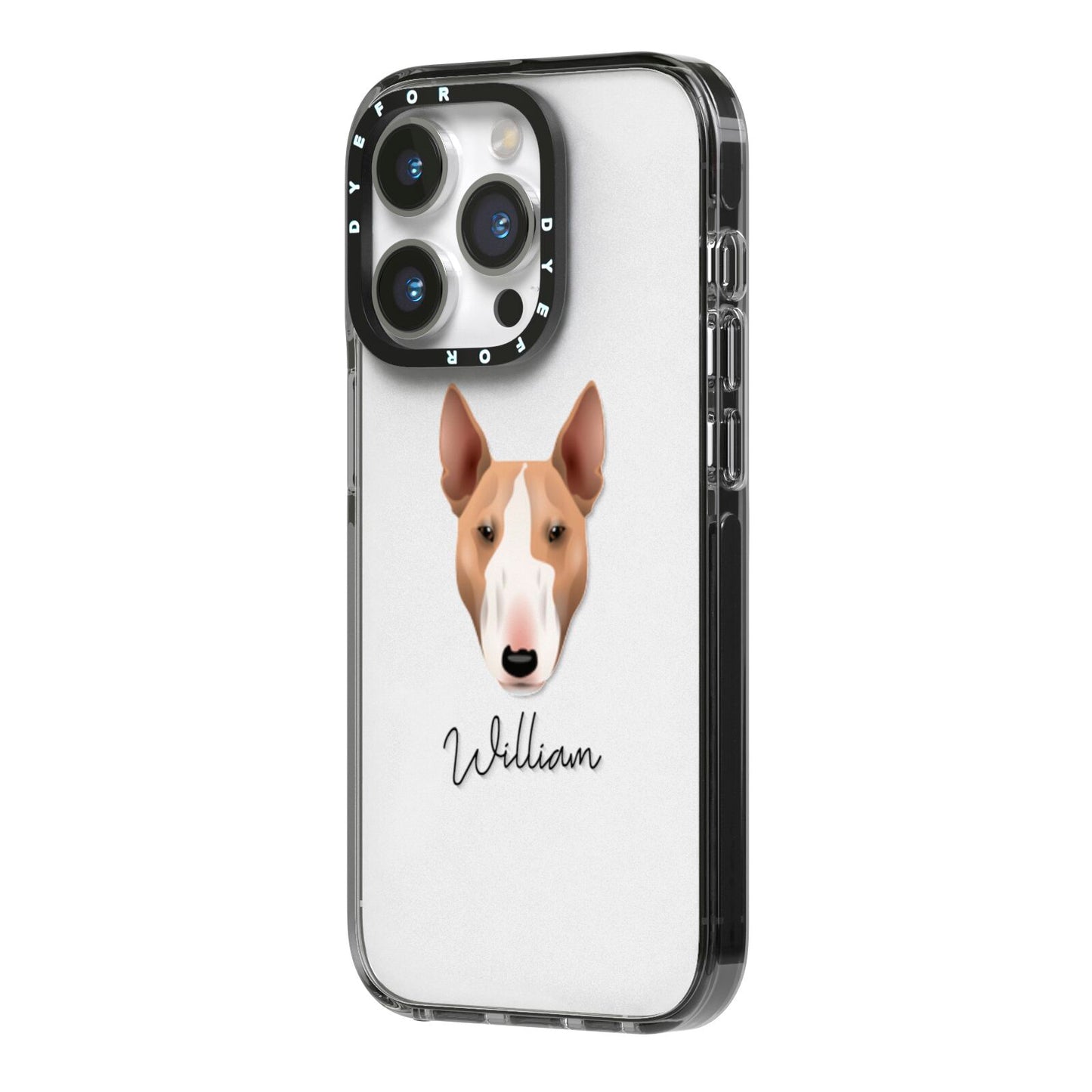 Bull Terrier Personalised iPhone 14 Pro Black Impact Case Side Angle on Silver phone