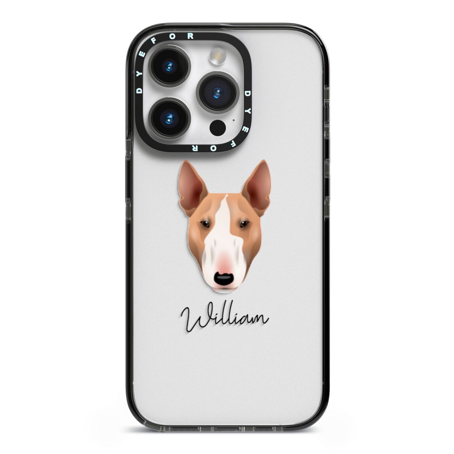 Bull Terrier Personalised iPhone 14 Pro Black Impact Case on Silver phone