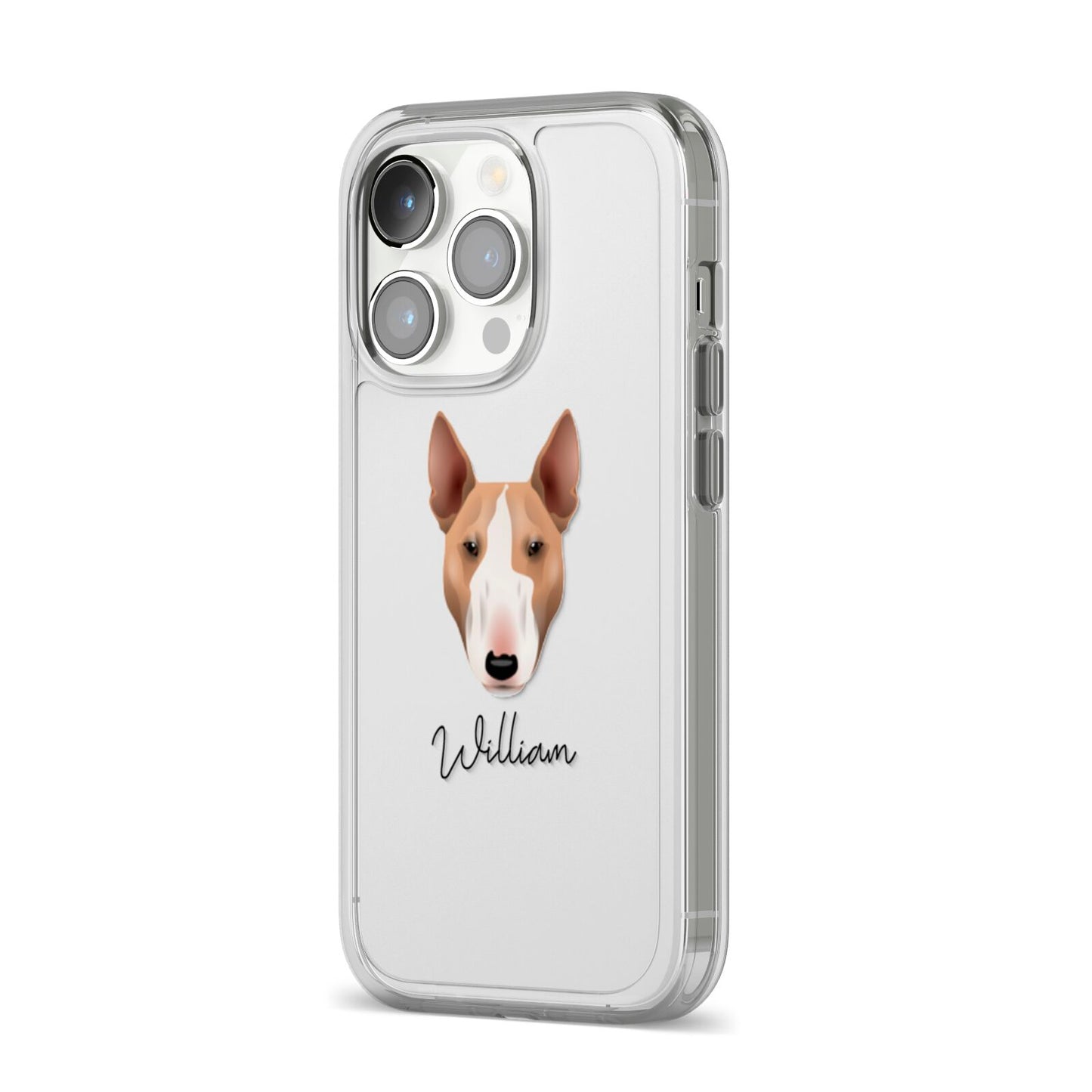 Bull Terrier Personalised iPhone 14 Pro Clear Tough Case Silver Angled Image
