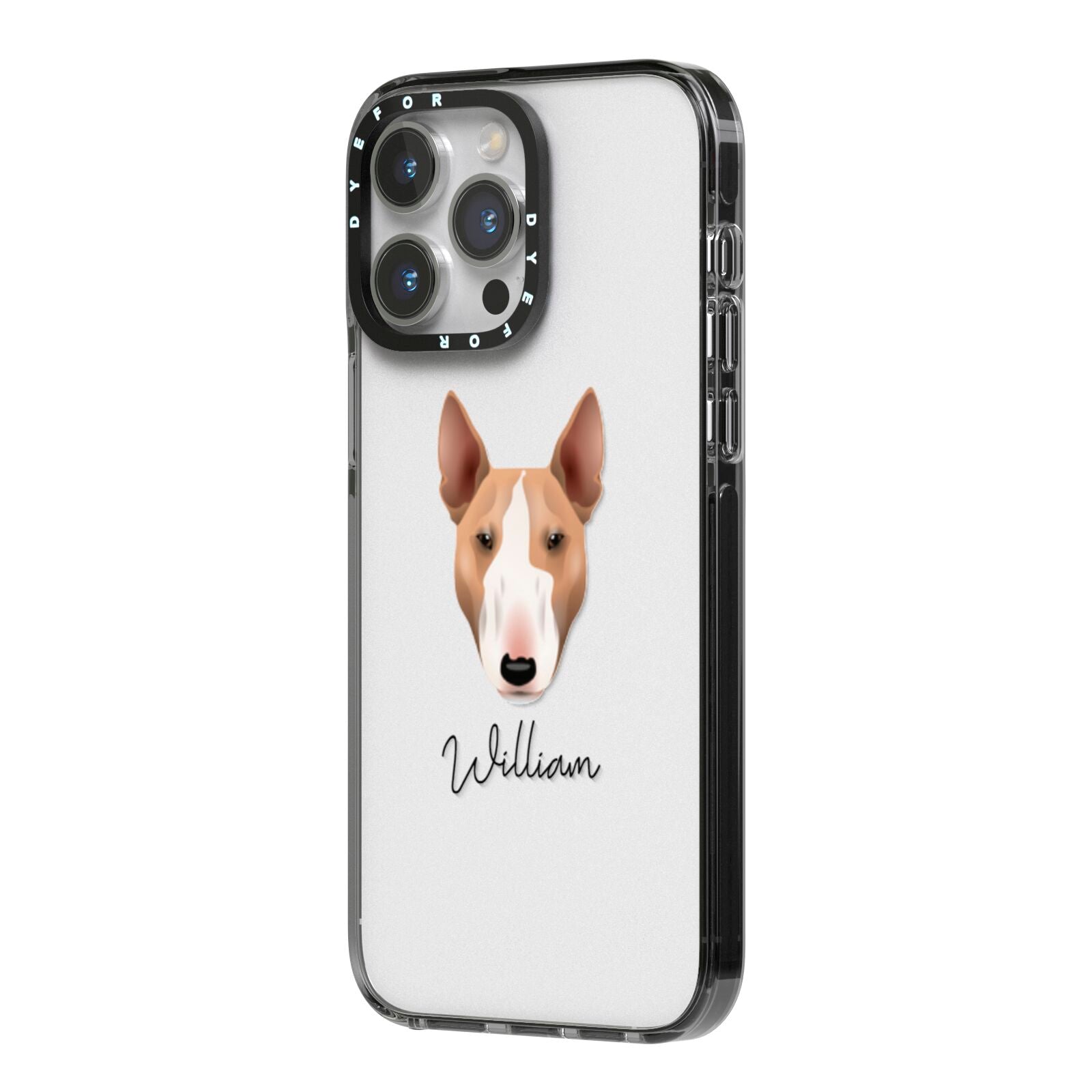 Bull Terrier Personalised iPhone 14 Pro Max Black Impact Case Side Angle on Silver phone