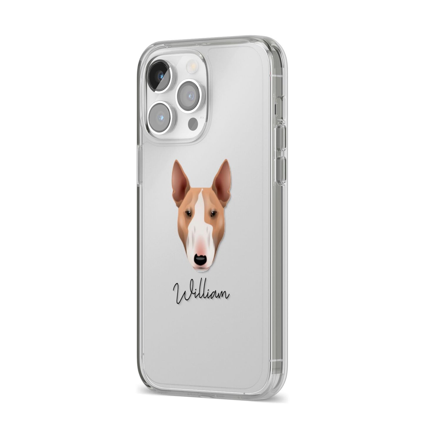 Bull Terrier Personalised iPhone 14 Pro Max Clear Tough Case Silver Angled Image