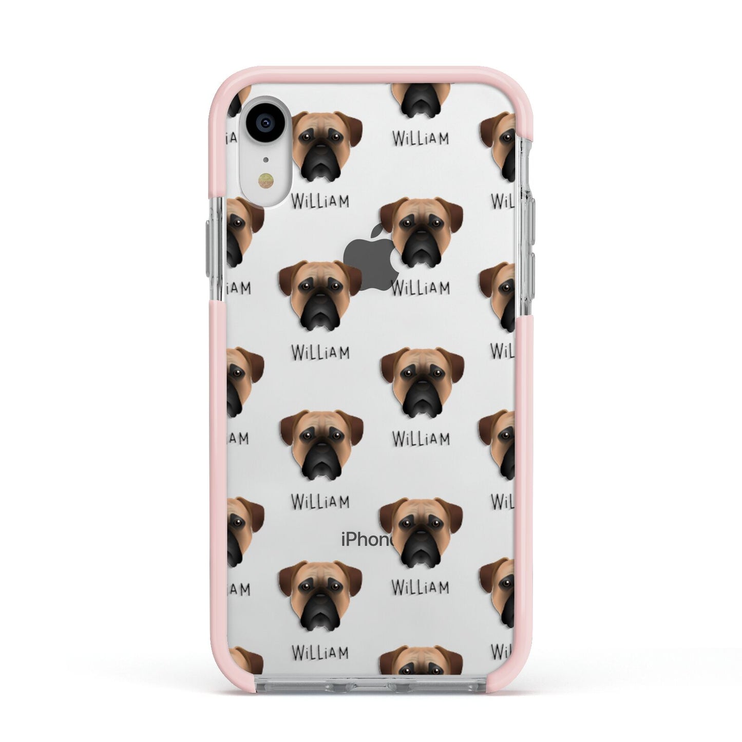 Bullmastiff Icon with Name Apple iPhone XR Impact Case Pink Edge on Silver Phone