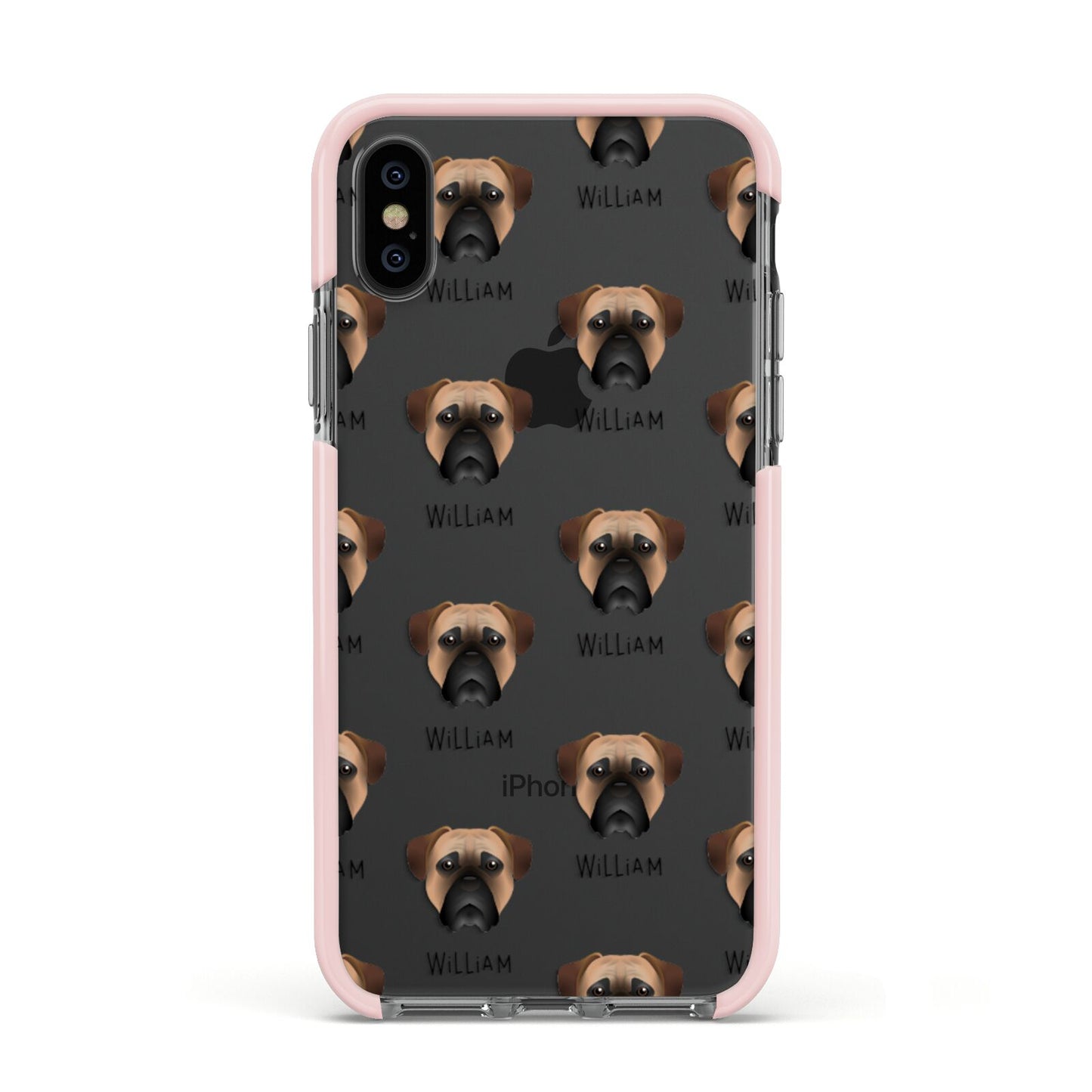 Bullmastiff Icon with Name Apple iPhone Xs Impact Case Pink Edge on Black Phone