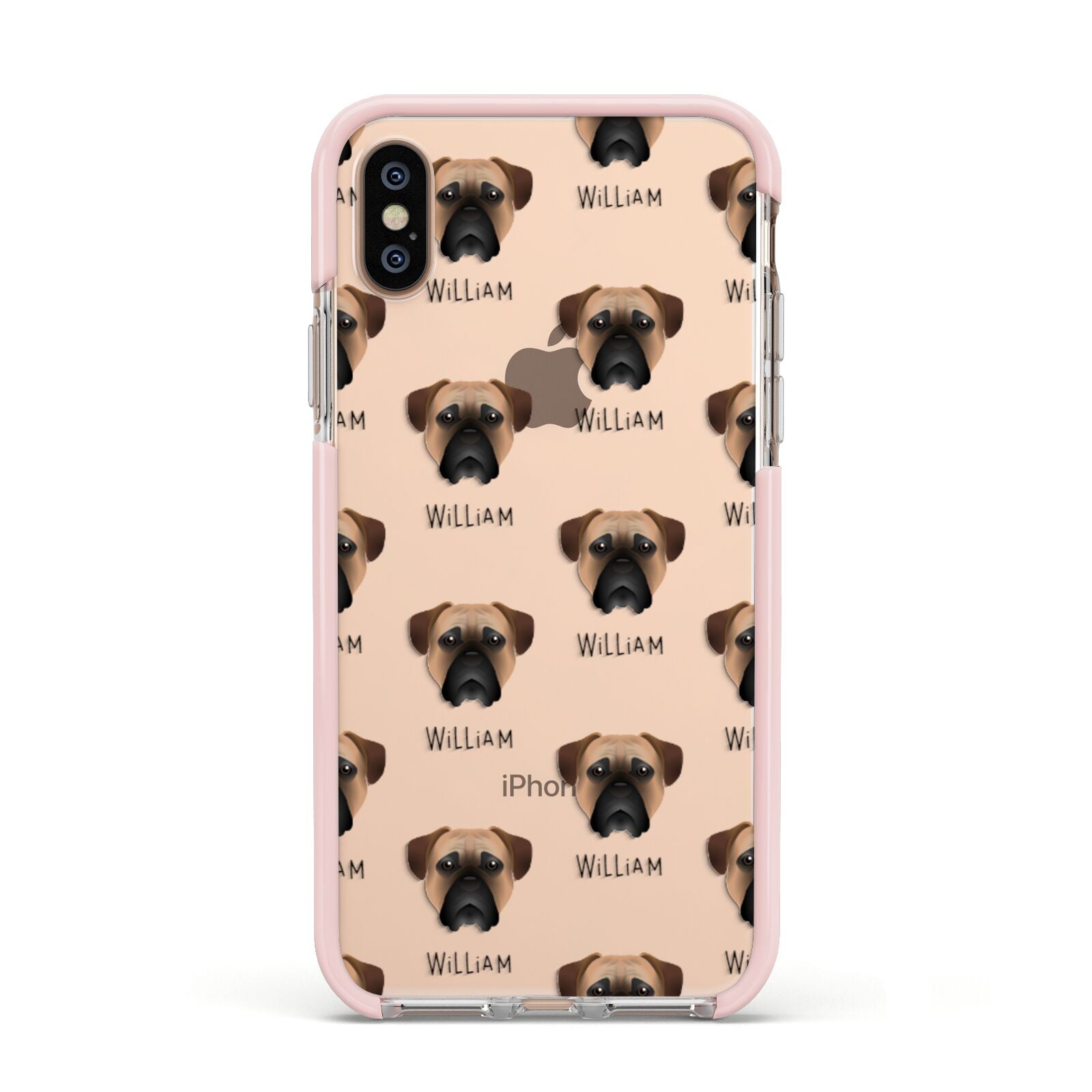 Bullmastiff Icon with Name Apple iPhone Xs Impact Case Pink Edge on Gold Phone