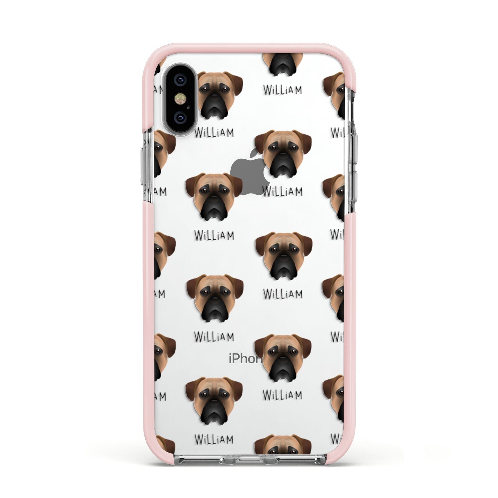 Bullmastiff Icon with Name Apple iPhone Xs Impact Case Pink Edge on Silver Phone