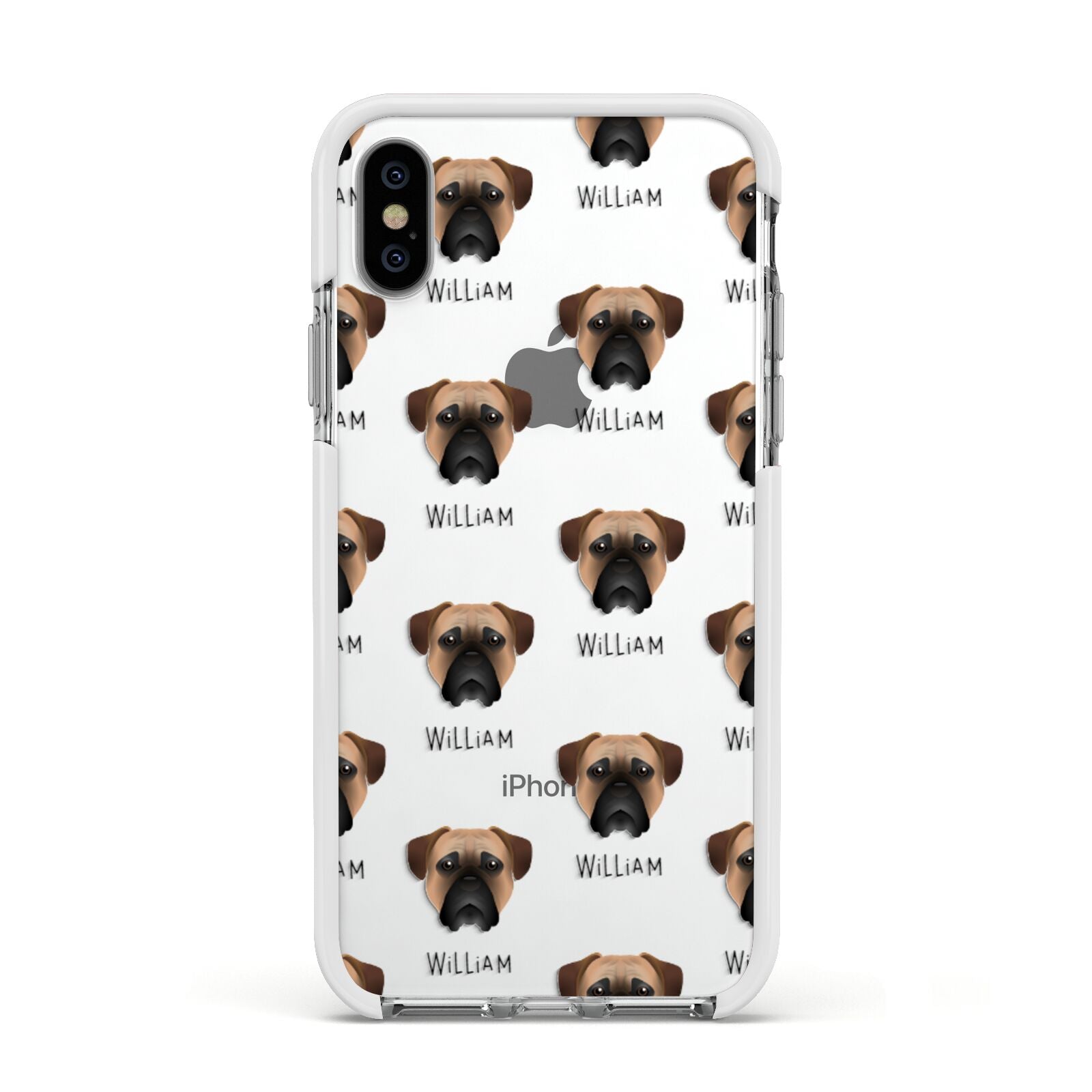 Bullmastiff Icon with Name Apple iPhone Xs Impact Case White Edge on Silver Phone